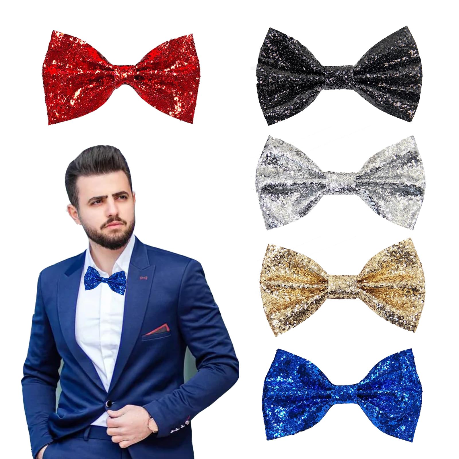 QSZHSL 5 Pcs Glitter Bow Ties, Sparkly Sequin Bow Ties with Adjustable Strap, Sequins Adjustable Bow Tie, Glitter Sequin bow tie for Men, Sparkly bow tie, for Party Carnival Show Fancy Dress (5 Pcs)