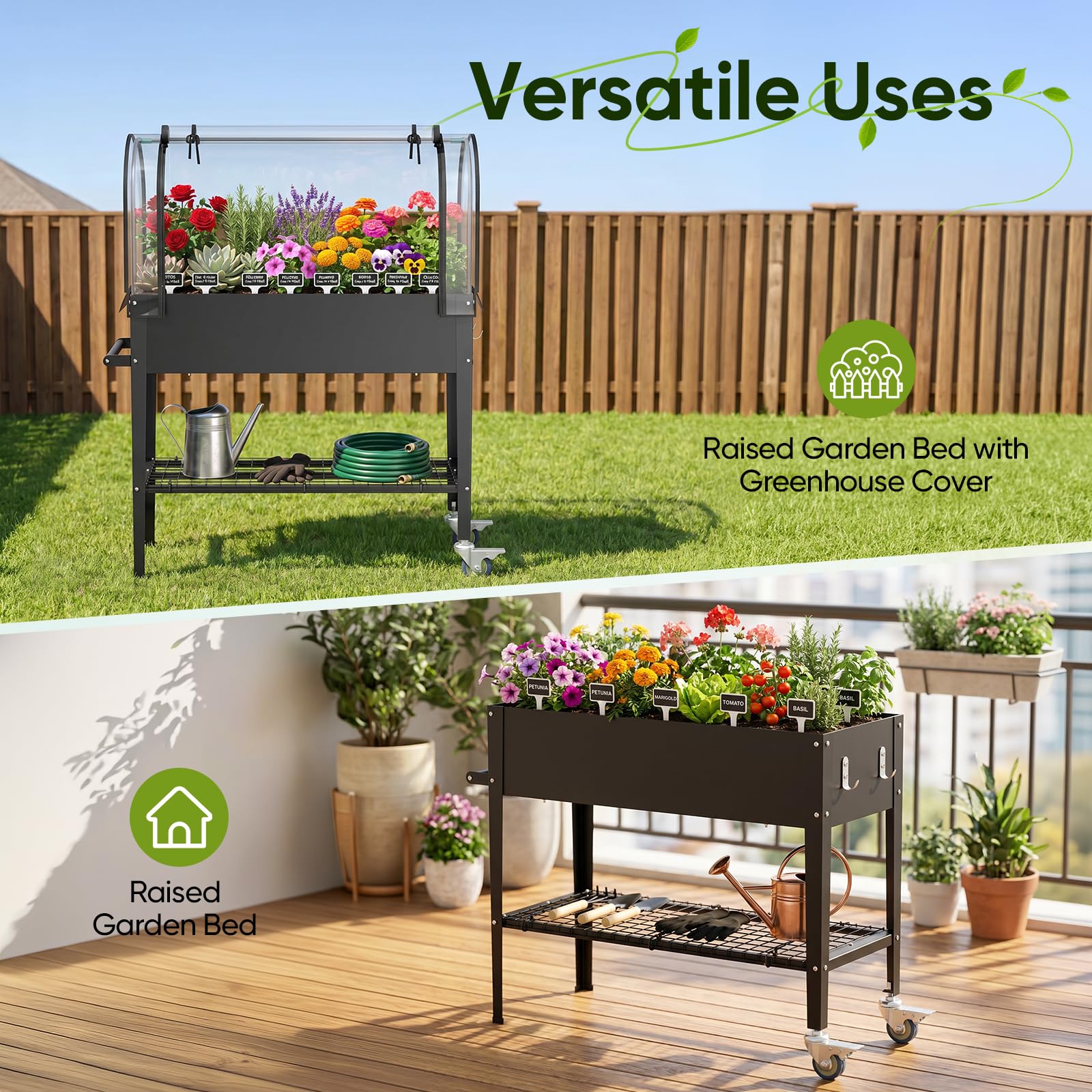 Orto Rialzato con Copertura per Serra in PVC, Fioriera Rialzata in Acciaio Zincato da 82,7 L, Altezza 79 cm, 2 Ruote con Freno, Ripiano e Attrezzi da Giardino, 111 x 57 x 120 cm