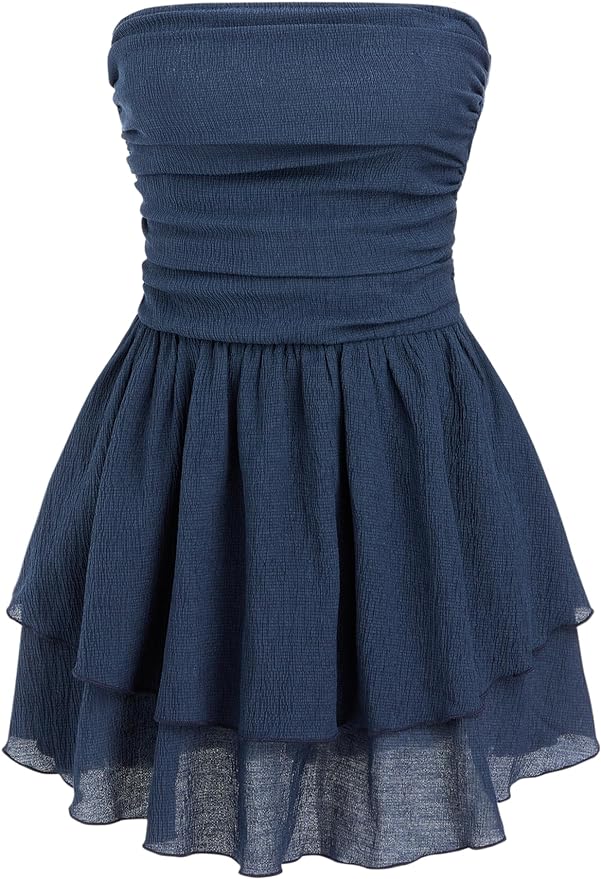 CIDER Women's Summer Cocktail Dress - Tube Ruched Ruffle Mini Dress in Dark Navy