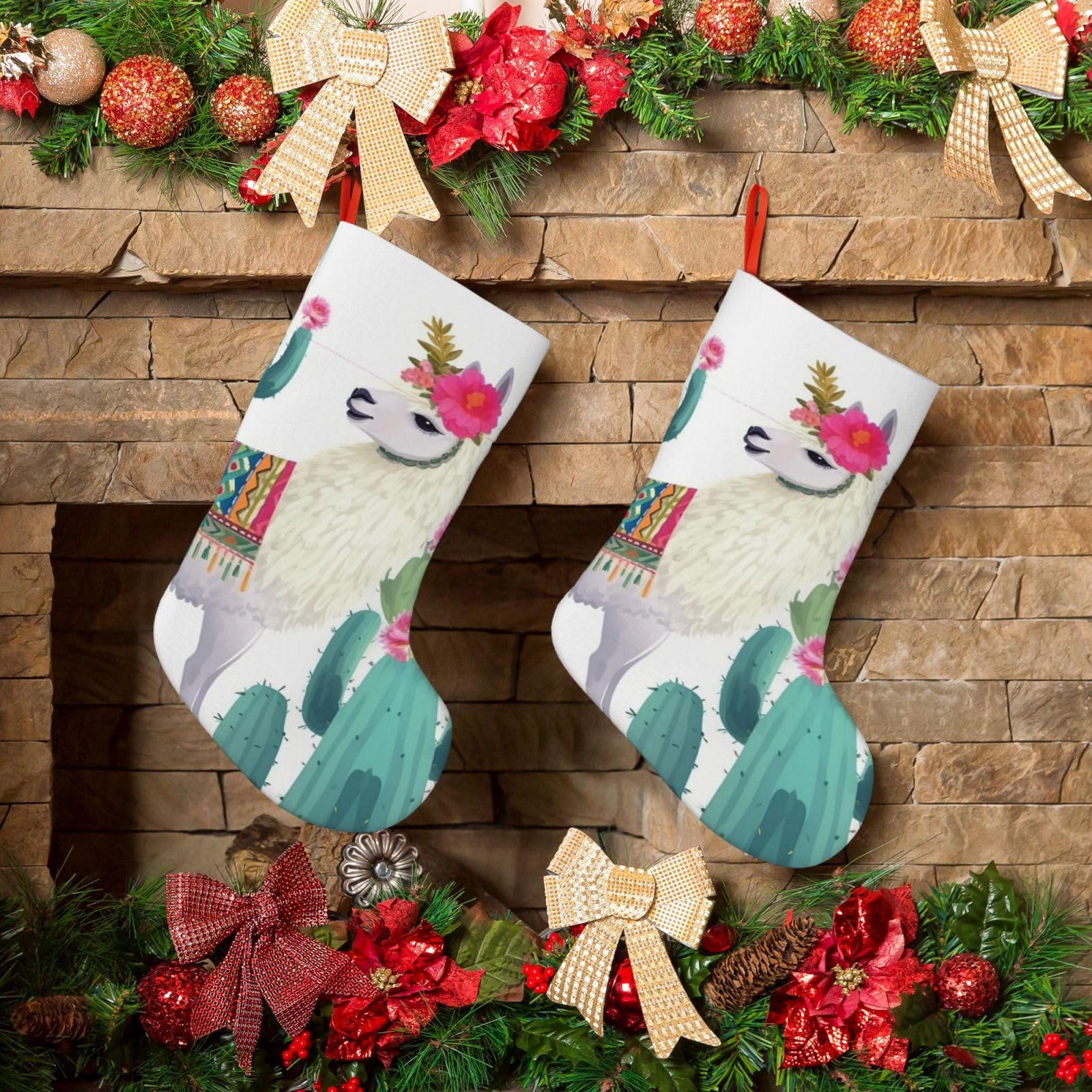 Tropical Llama Alpaca Cactus Flower Christmas Stockings 18 Inches Velvet Xmas Fireplace Hanging Stocking Rustic Christmas Santa Stockings for Home Christmas Decorations Party Favor Supplies