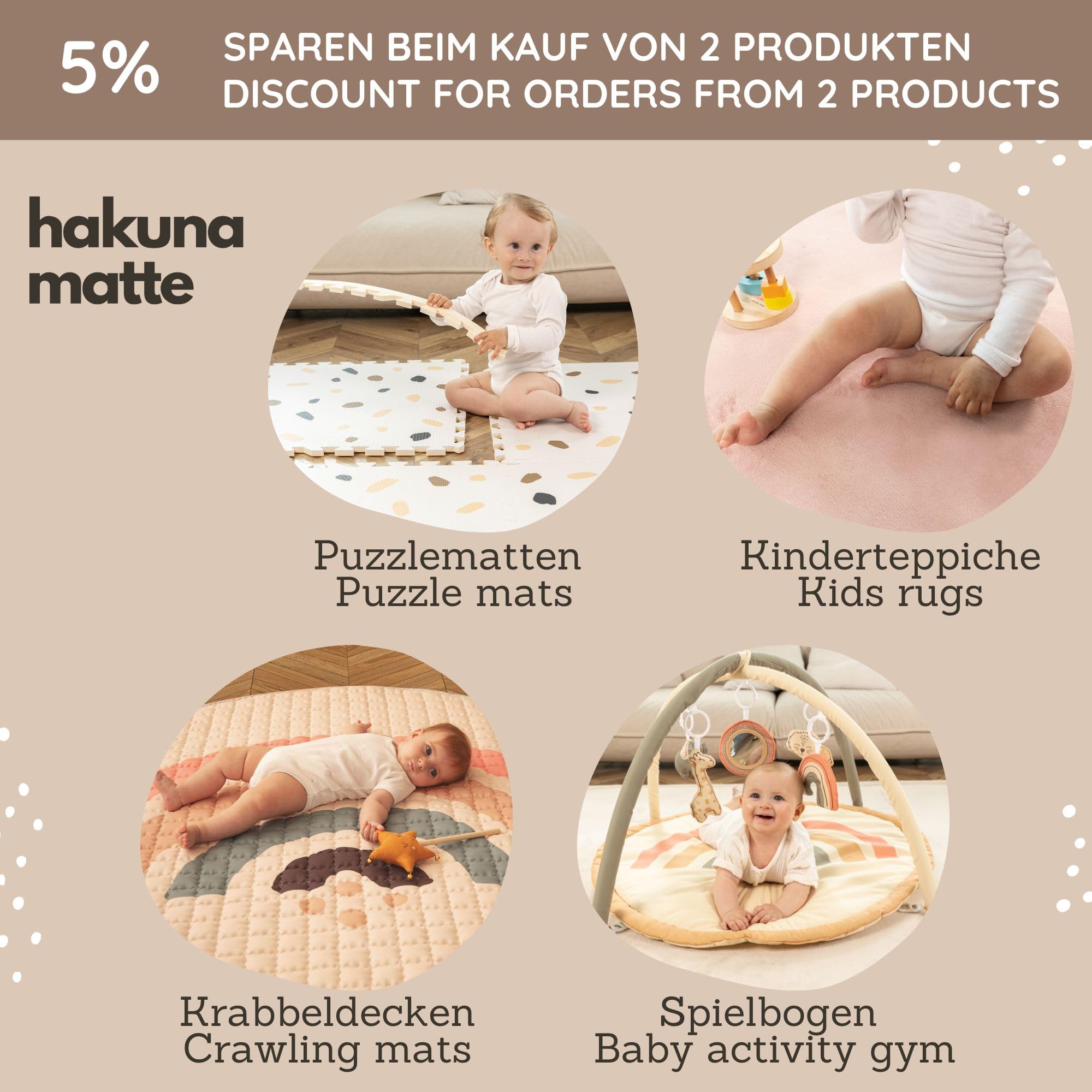Elegancki dywan do puzzli dla niemowląt 1,7 x 1,2 m Hygge Sand - 16 płytek XL z krawędziami, gruby i miękki, bez szkodliwych substancji, bezwonny, łatwy w pielęgnacji, opakowanie bez plastiku.