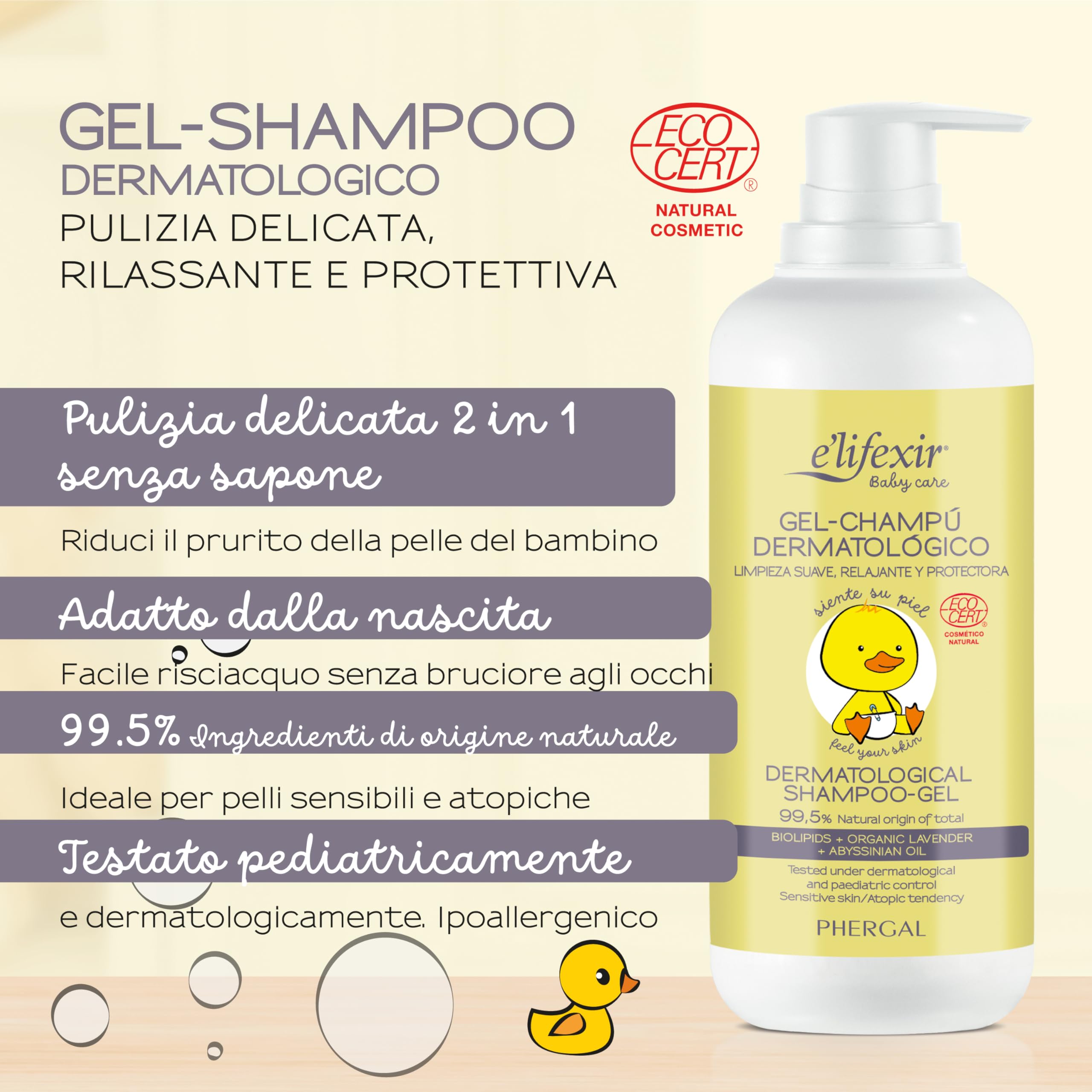 Elifexir Baby Care | Shampoo Gel Dermatologico Ipoallergenico per Neonati | 99,5% Ingredienti di Origine Naturale | 500 ml