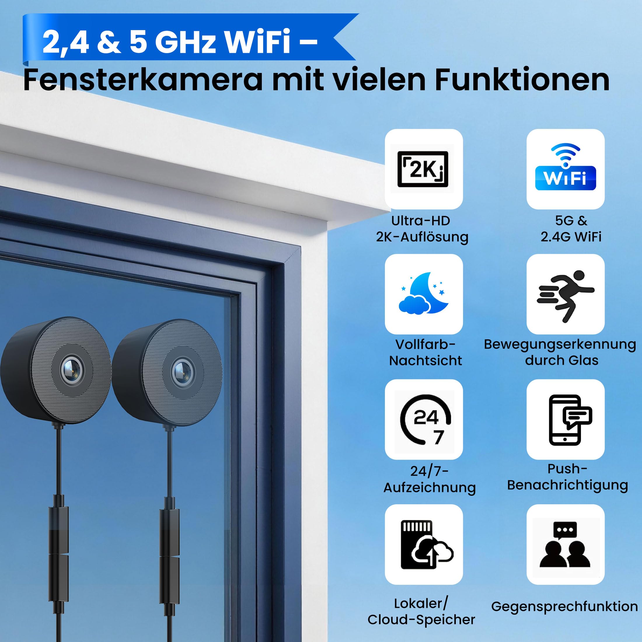 (2 Stück) 3MP 2K Fensterkamera 5G/2.4 WiFi Überwachungskamera Innen/Außen | Farb-Nachtsicht,Bewegungserkennung durch Glas,Cloud/SD & 24-Stunden-Aufnahme–Geeignet für Auto,Eingangsbereich & Haustiere