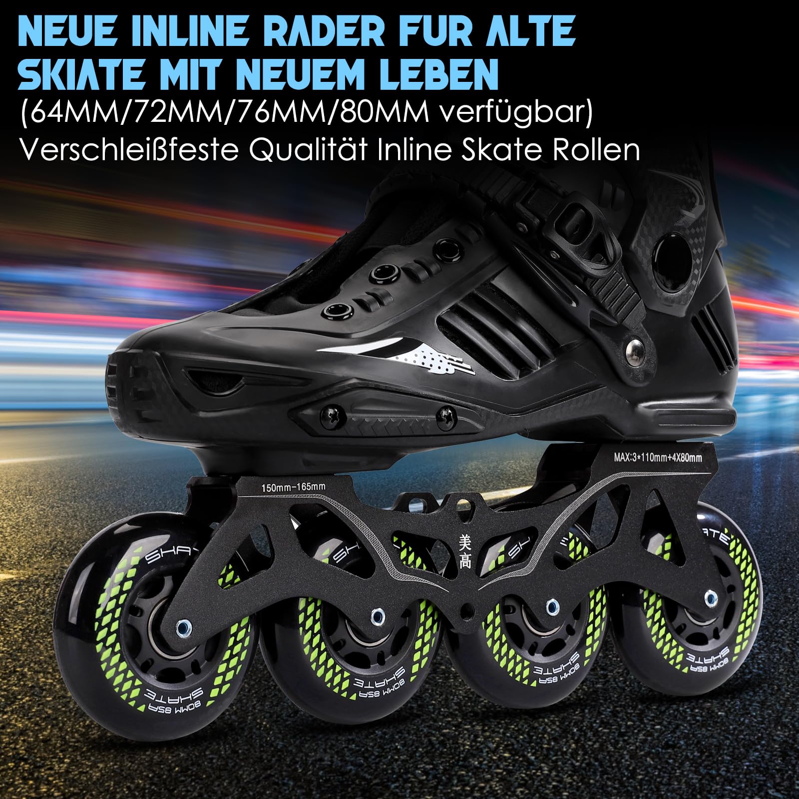Inline Skate Rollen 80mm 76mm 72mm - 8 Stück Räder 85a Mit Kugellager ABEC9 | Für K2 Hudora Gonex Apollo (B Schwarz/80MM)