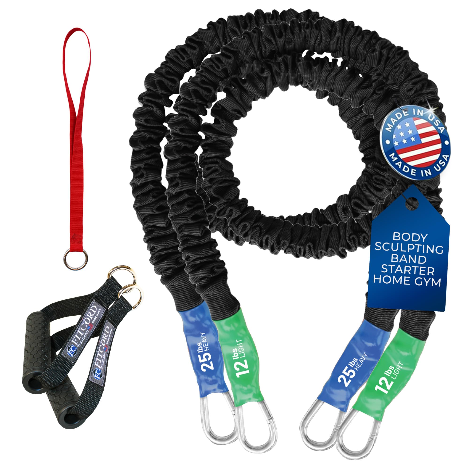 FITCORD Body Sculpting Band 2-Pack con maniglie imbottite e cerniera porta ancoraggio – Starter Home Gym Equipment Set – ideale per allenamento di forza e stretching per uomini e donne fitness – 5,4