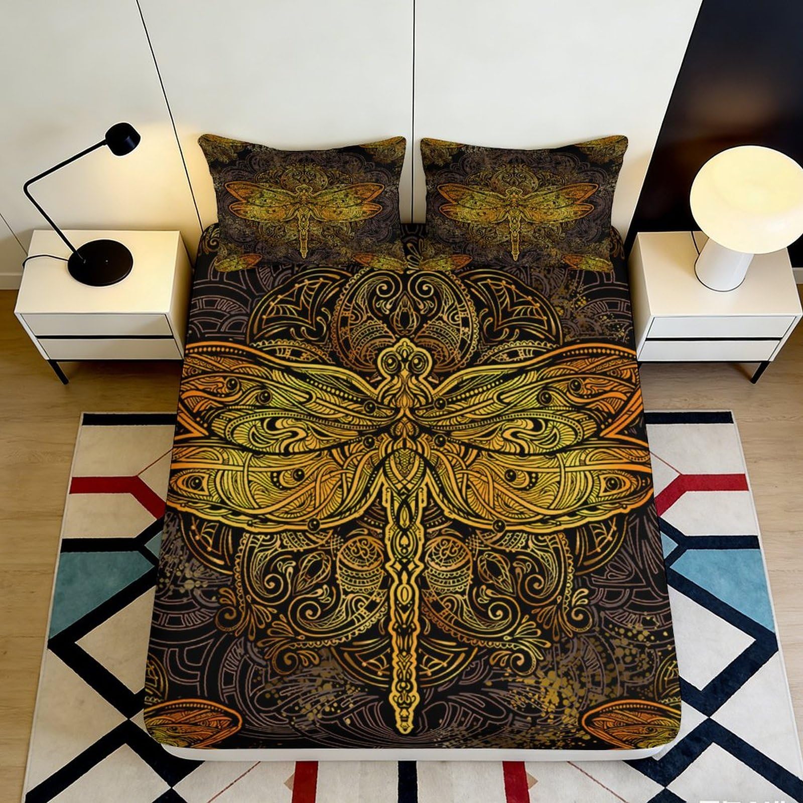 3D Printed Golden Dragonfly Fitted Sheet Microfiber Soft Art Bed Cover for Bedroom Decor Dorm Protection 90x200x25cm