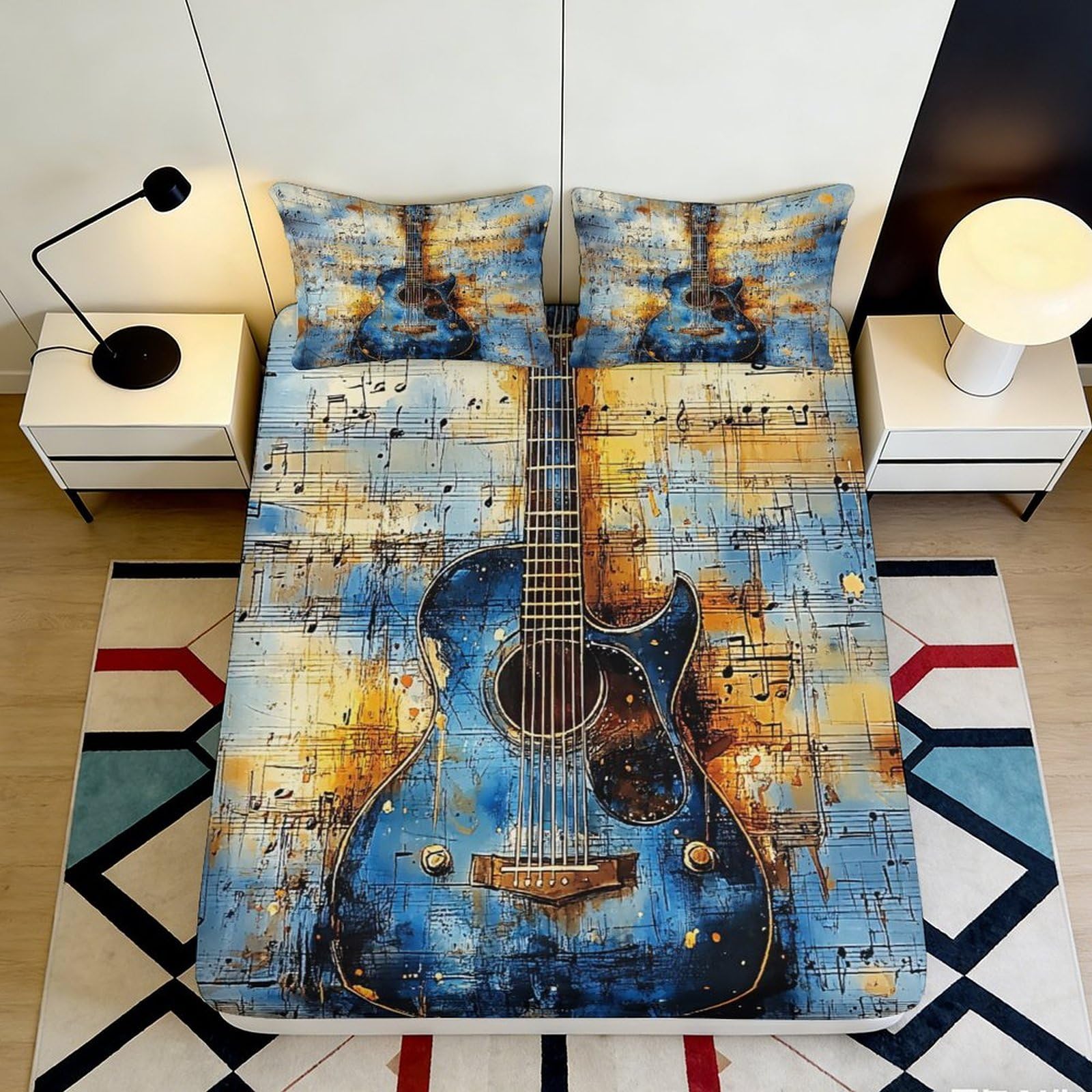 3D Printed Blue Guitar Fitted Sheet Microfiber Soft Artistic Music Theme Mattress Cover for Bedroom Dorm Decor 90x200x25cm