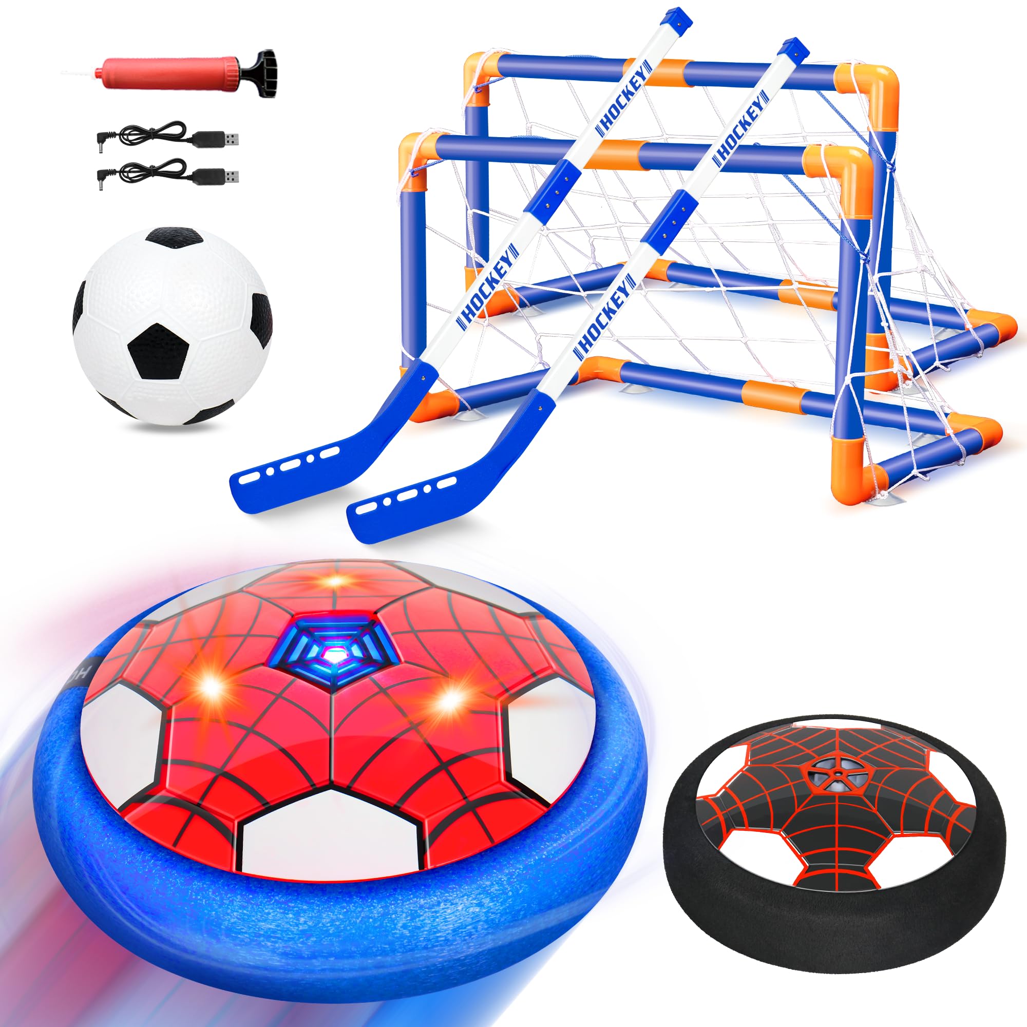 Philivivi Air Power Football, 3-in-1 Rechargeable Hover Ball Hockey Set with 2 Goals with LED Lighting and Foam Bumpers for Indoor Outdoor Games, Football Gifts Children Boys Girls