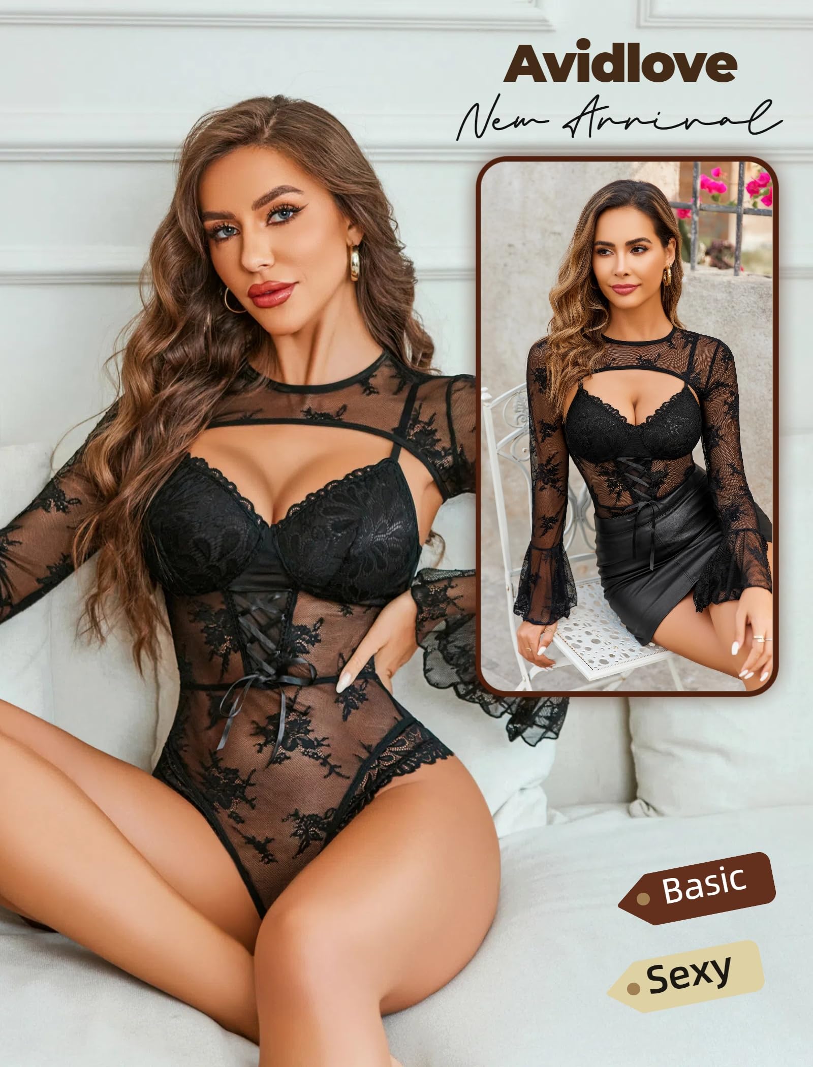 Avidlove Women Lace Bodysuit with Crop Top Sexy Going Out Bodysuit Floral Lace Lingerie Set Sexy Rave Outfits: Black Small