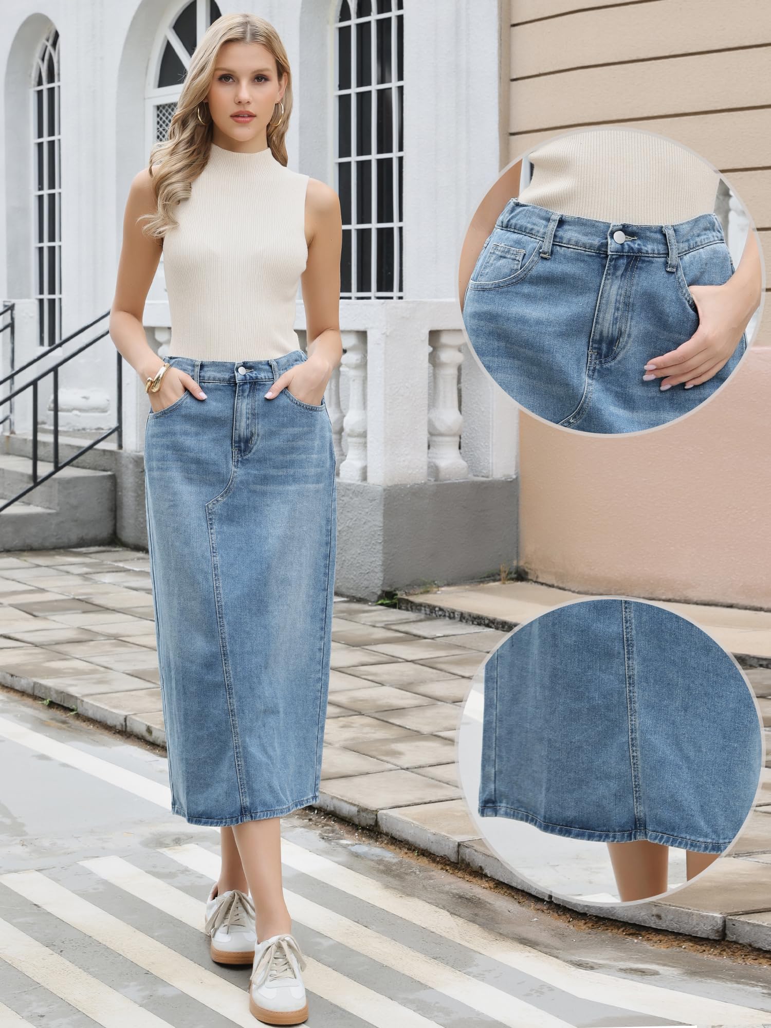 Allegra K Femme Jupe Longue en Jean Fendue Dos Taille Haute Coton Polyester | Fente Dos Longueur Maxi Taille Haute Ceinture Souple Coupe H Ligne Tenue Cowboy de L'ouest