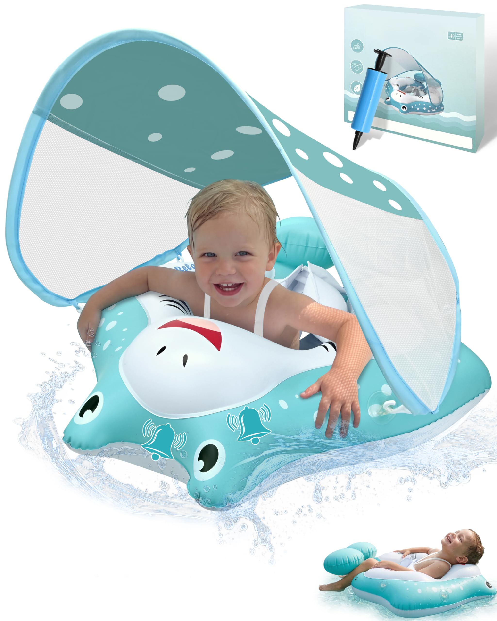 Galleggiante per bambini con baldacchino, galleggiante per piscina con seggiolino di sicurezza, galleggiante da nuoto e galleggiante per bambini da 12 a 36 mesi (L: 12-36 mesi)