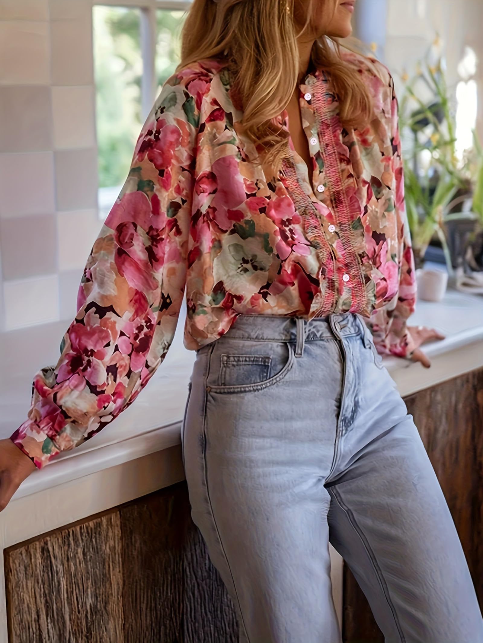 Chemises À Manches Longues pour Femmes Été Coupe Ample Imprimé Floral Col Rond Chemisier À Boutons