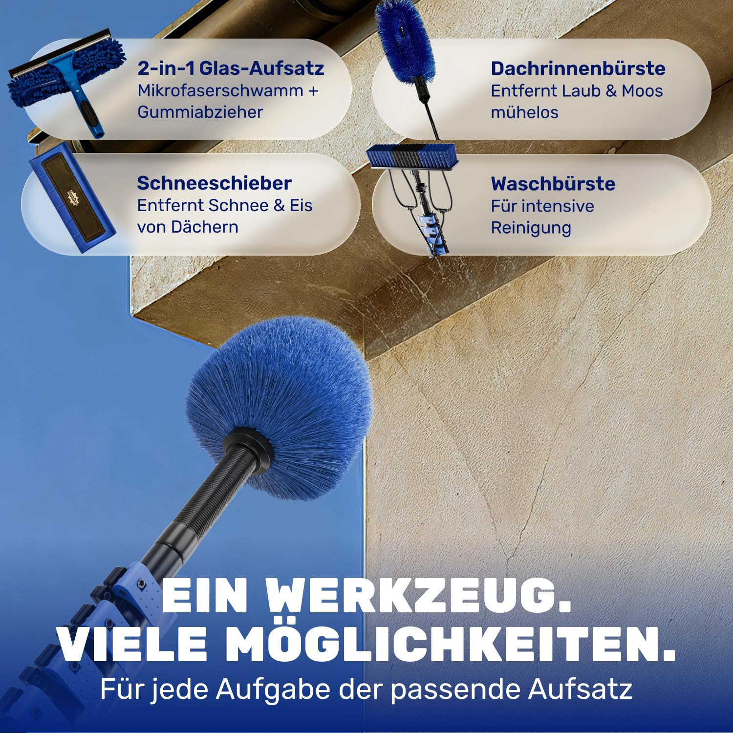 BoomDing Teleskop Waschbürste mit Photovoltaik Schneeschieber – 5,8 m – All-in-One Reinigungsset mit 5 Aufsätzen für PV Anlage, Wintergarten, Dachrinne & Terrassendach – mit Seifenspender