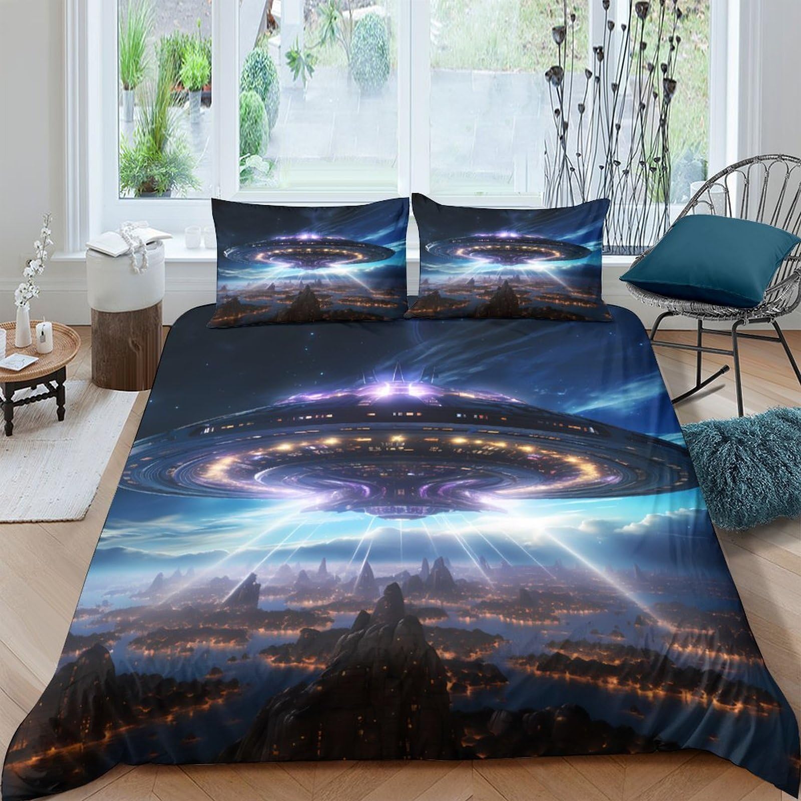 Ctjqhvkz Style-9 3D Printed Ufo Cityscape Fitted Sheet Microfiber Soft Anti-Slip Bedroom Decor Cosmic Spaceship Mattress Cover Single（135X200cm）