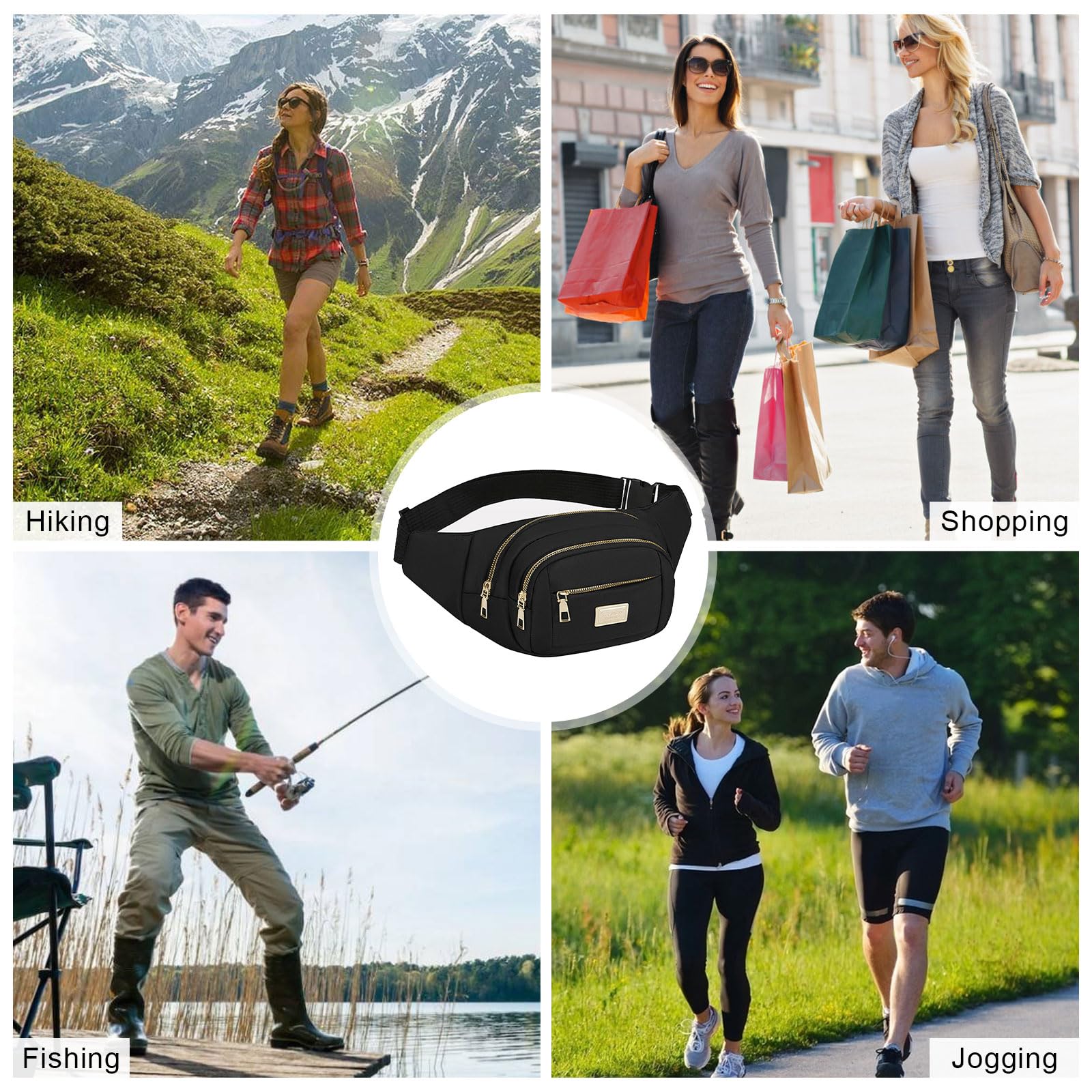 ADUDVLO Bumbags for Ladies Women Men Lightweight Adjustable Bum Bag Fanny Pack with 4 Zipper Pockets,Fashionable Waist Pack for Travel, Running, Hiking, Cycling (Black) — view 7