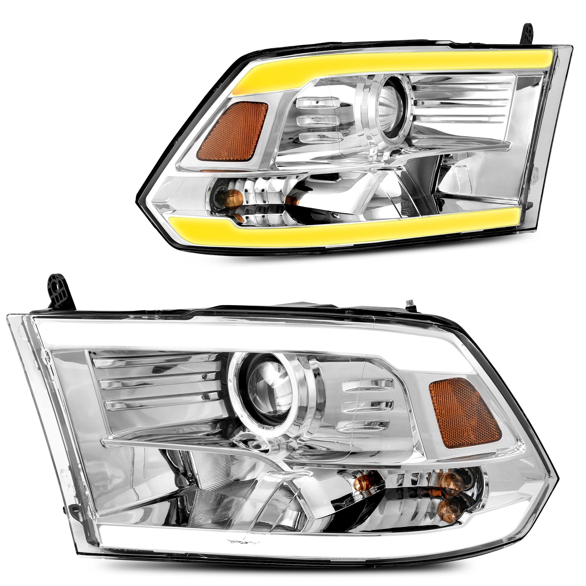 Photo 1 of DWVO LED DRL Projector Headlights Assembly Compatible with 09-18 Dodge Ram 1500/10-18 Dodge Ram 2500 3500/19-22 Ram 1500 Classic Headlamp Replacement Chrome Housing Clear Lens (Quad Models Only) LED Projector -Chrome/Amber/Clear