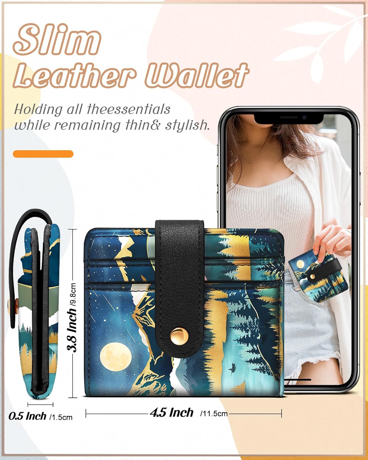 Bistup Wallet for Women Cute Bifold Small Card Wallet Rfid with Keychain for Ladies Teen Girls Female Medium Girly Aesthetic Thin Slim Mountain Unique Pretty Modern Leather Credit Card Holder Purse - Image 2
