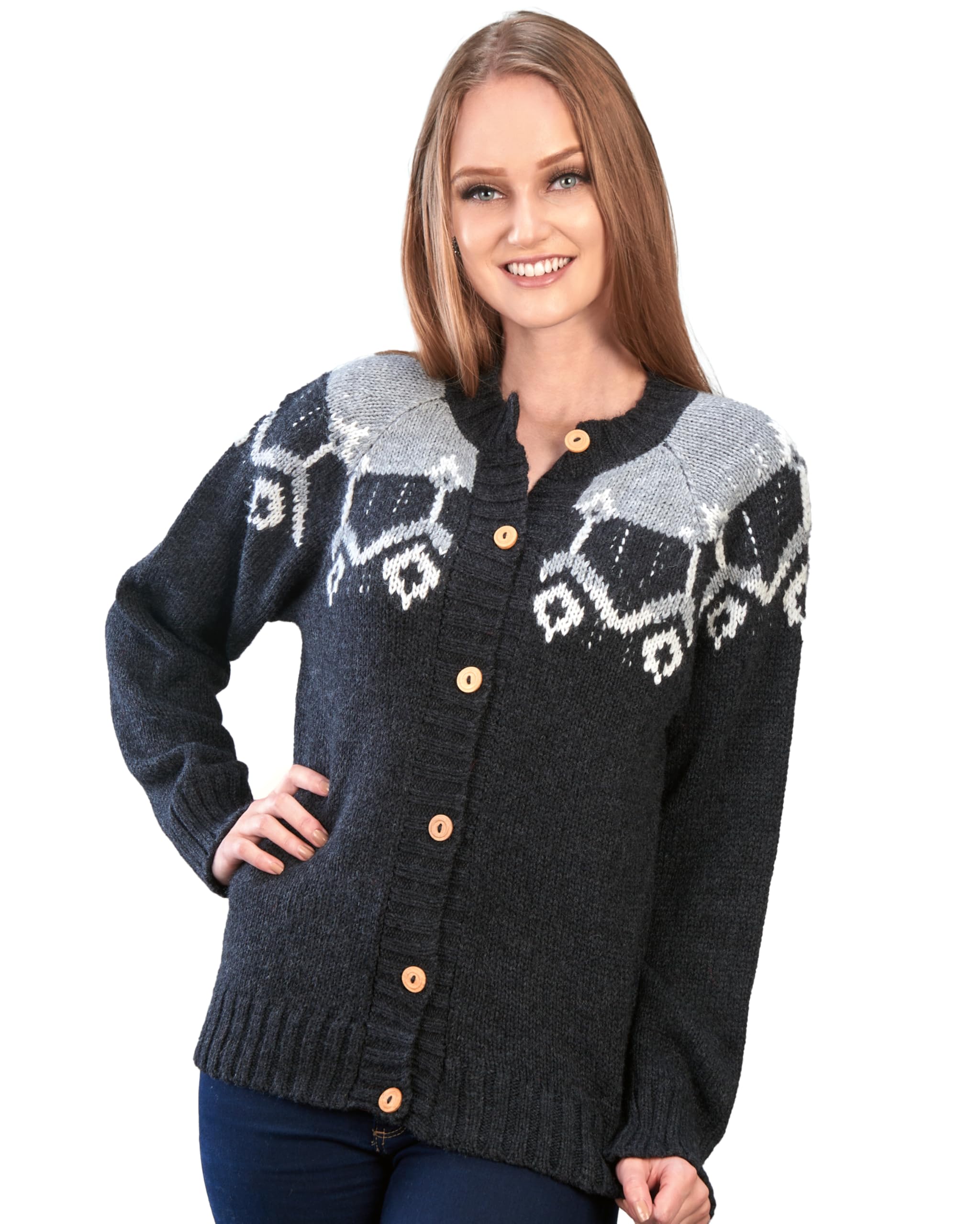 Womens Nordic Pattern Cardigan Sweater Charcoal Dark Gray Handcrafted Peruvian Alpaca Wool Button Front
