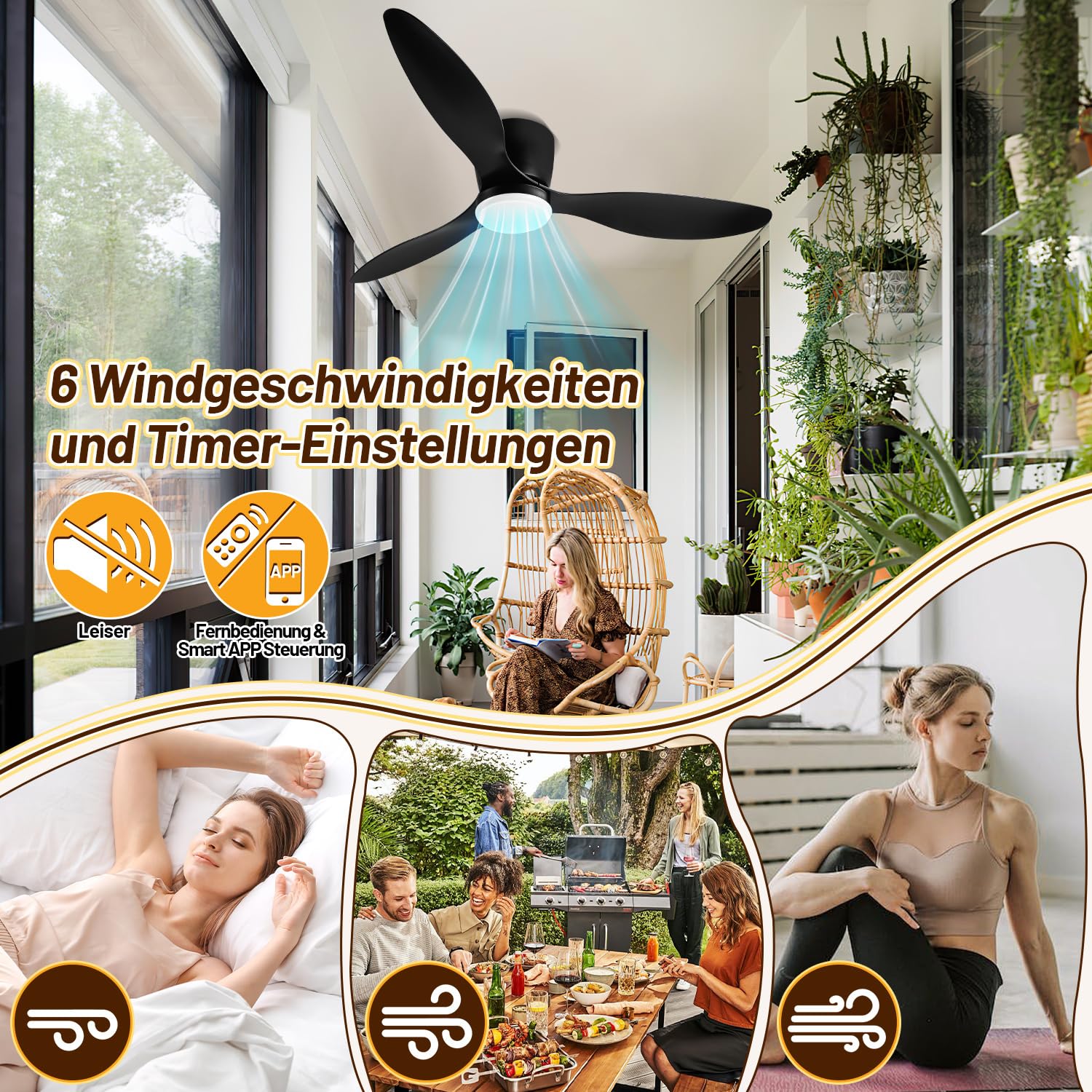 Daromigo Deckenventilator mit Beleuchtung 132cm, Smart Deckenleuchte mit Ventilator Fernbedienung und APP, 6 Geschwindigkeiten, Dimmbar, Timer, Umkehrsfunktion für Wohnzimmer, Schwarz
