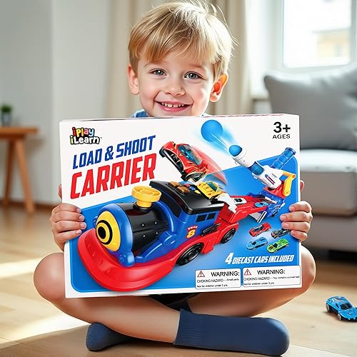 Miniatura 6 de iPlay, iLearn Juguetes de Camión Lanzador para Niños de 3-5 Años, Juguete de Pista para Niños Pequeños, 4 Mini Autos de Carreras de Metal Fundido,