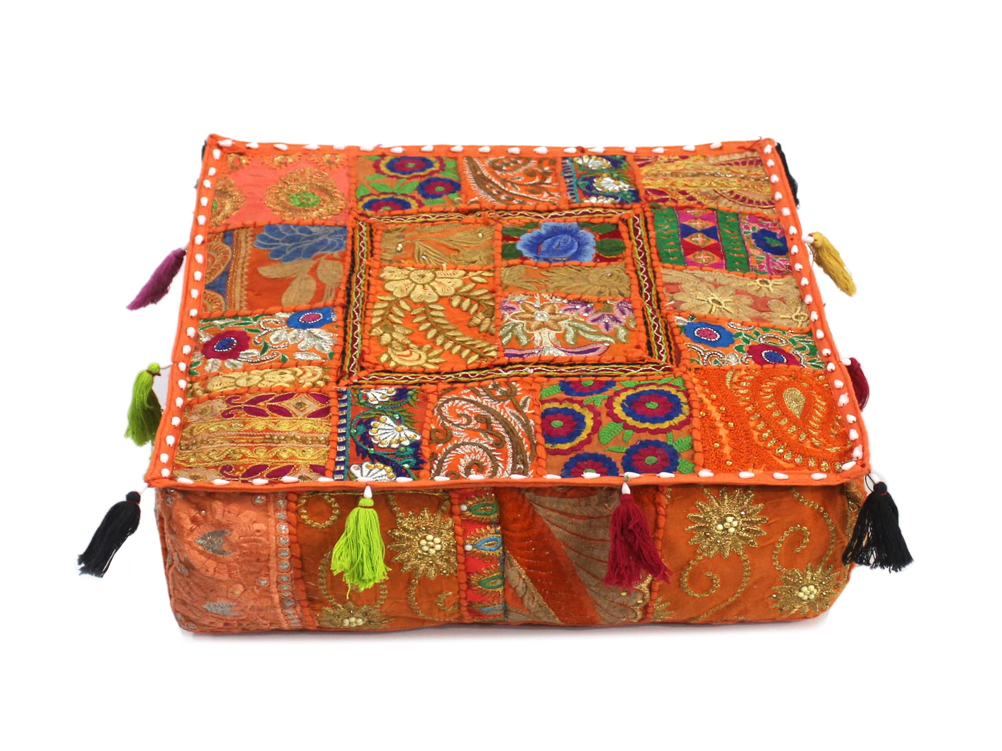 CRAFT KALA Indian Square Patchwork Traditional Pouf Cover Indian Living Room Poufs Decorative Embroidered Designer Ottoman Home Living Footstool Chair