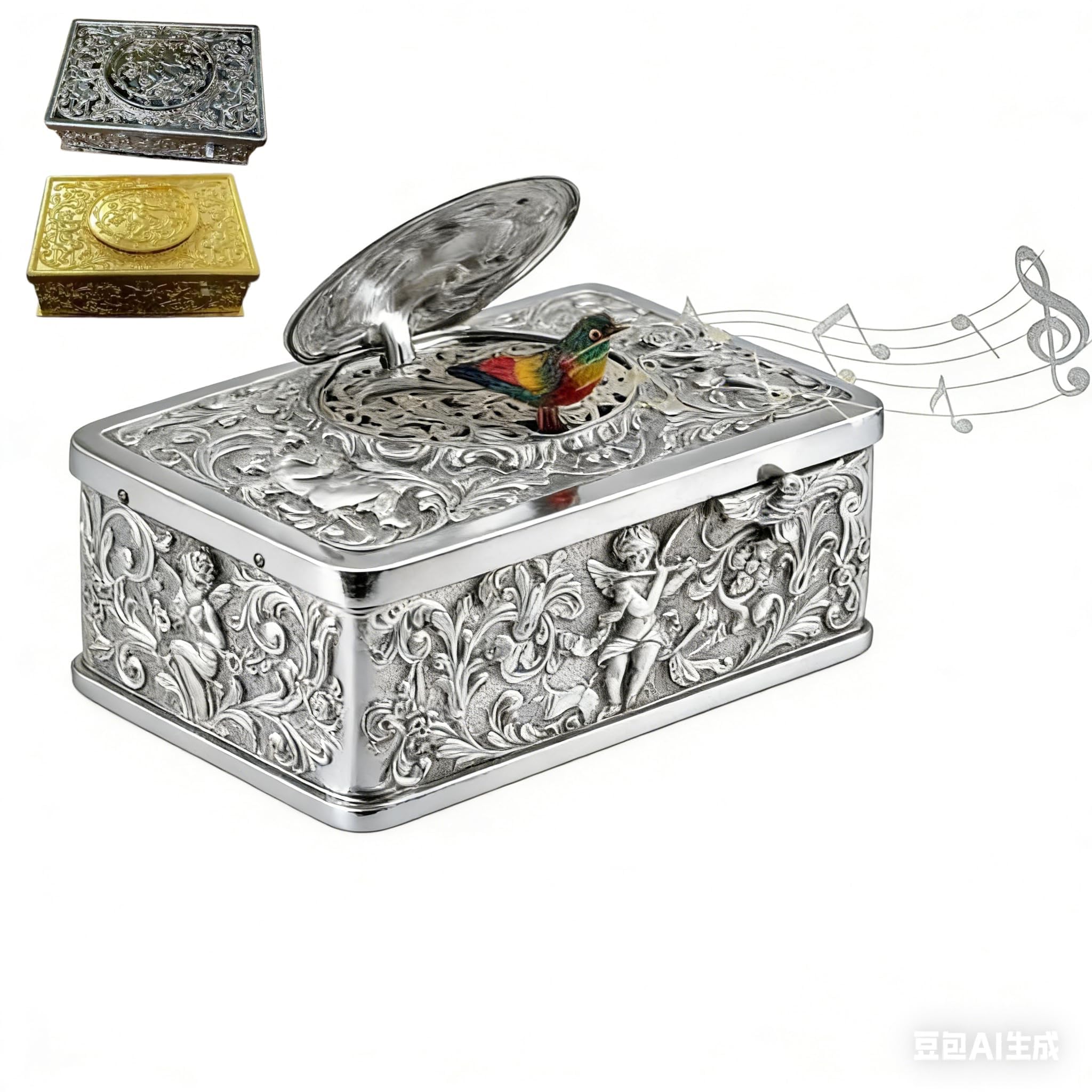 Caja de música Antigua mecánica de Cuerda con Forma de pájaro Cantor, Acabado Dorado.