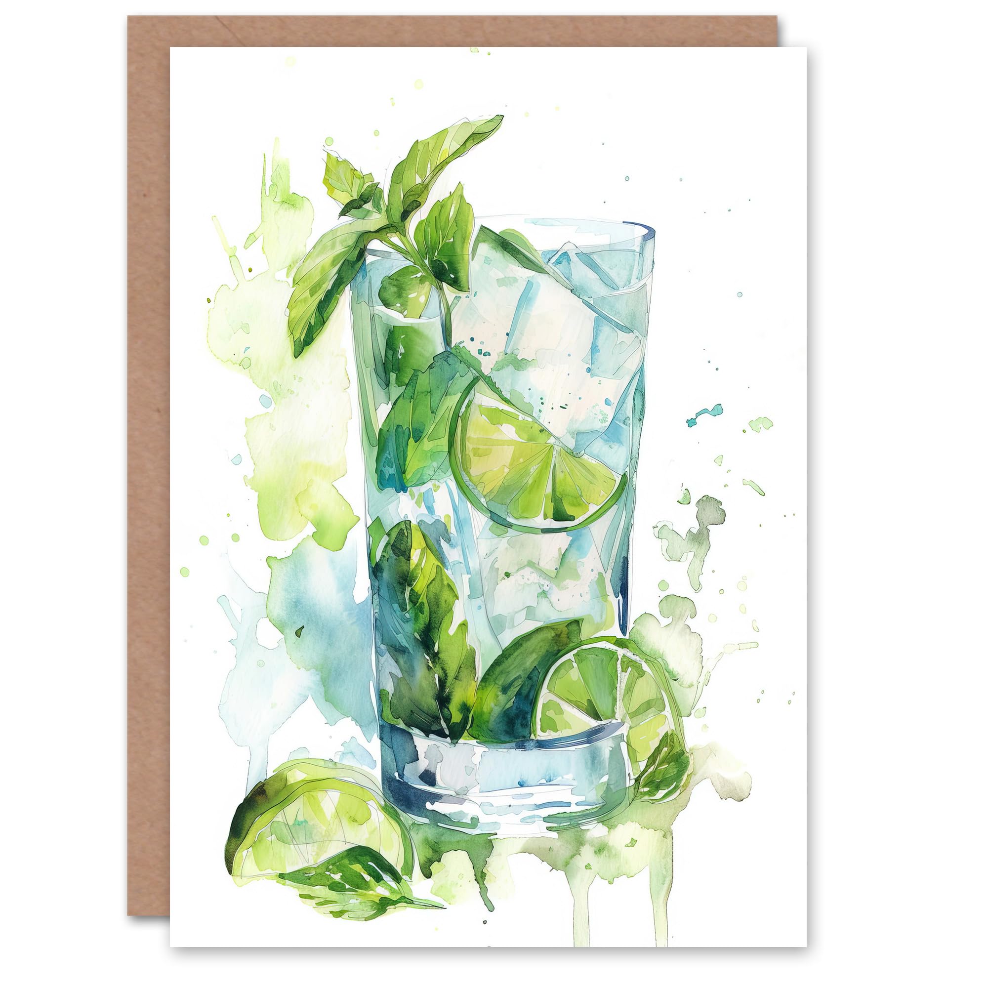 Artery8 Greeting Card Classic Mojito Cocktail Modern Watercolour Mint Blank For All Him Or Her Art Birthday Card