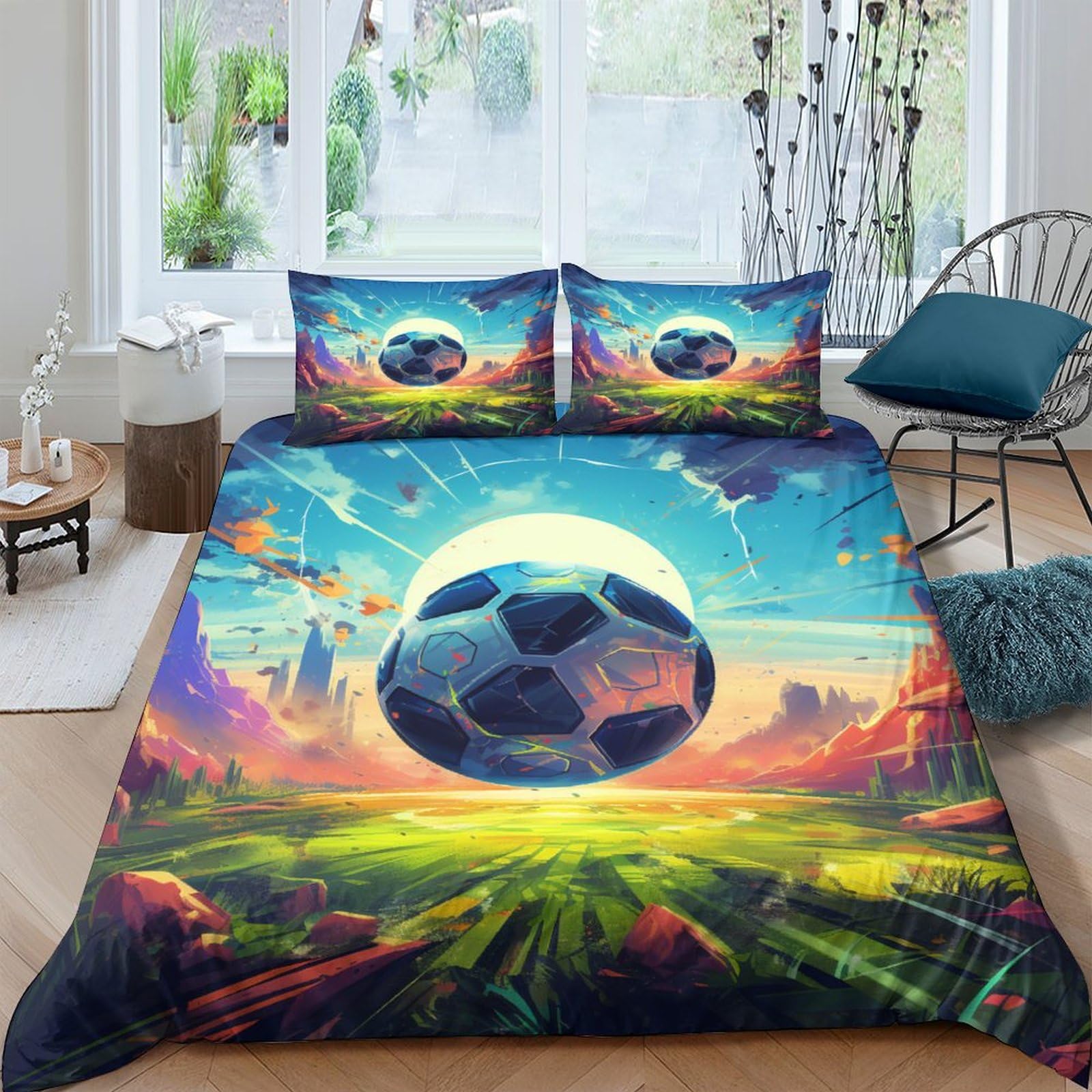 Housse de couette football 3D en microfibre 200x200 cm avec 2 taies d'oreiller pour lit double