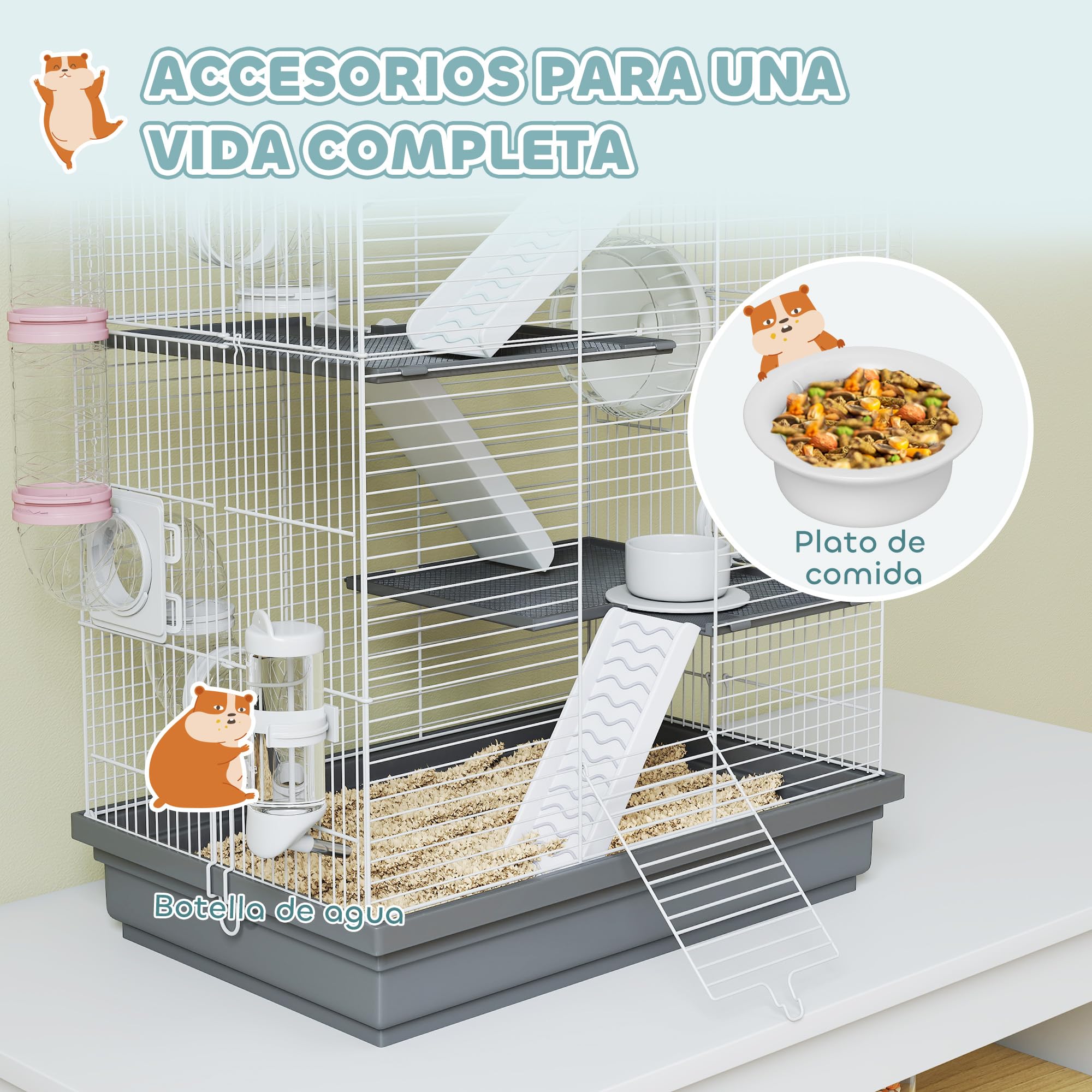 PawHut Jaula para Hámster, 47x30x70 cm, Casa para Animales Pequeños con Túnel, Plataformas, Cuenco, Bebedero, Casita, Rampas y Rueda de Ejercicio, para Hámsteres Enanos, Jerbos, Gris