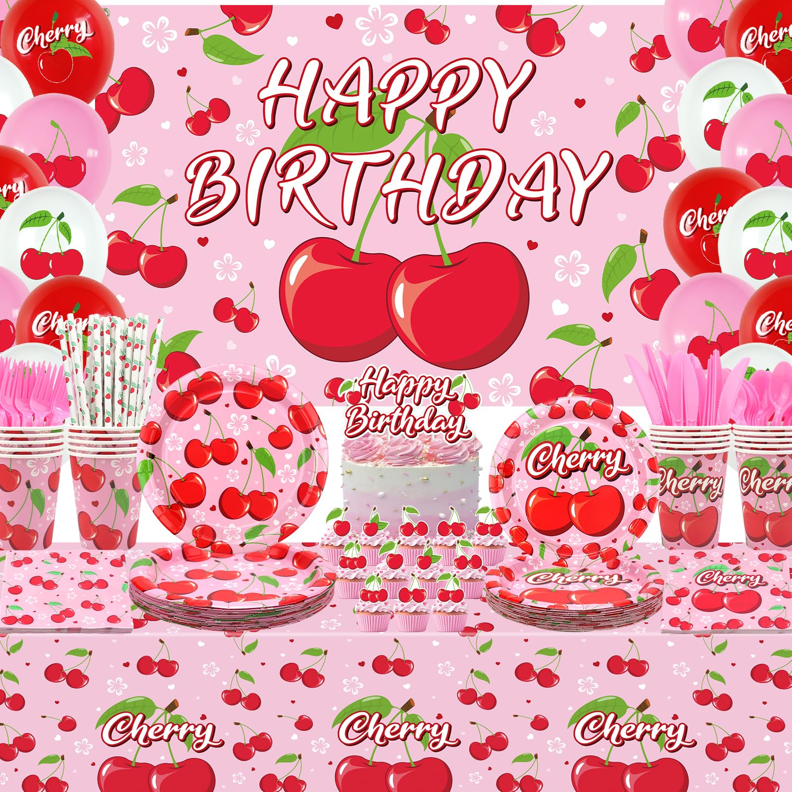 Obussgar Cherry Birthday Party Decorations - Cherry Party Supplies including Backdrop, Plate, Cake Topper, Cup, Napkin, Balloon, Tablecloth - Serves