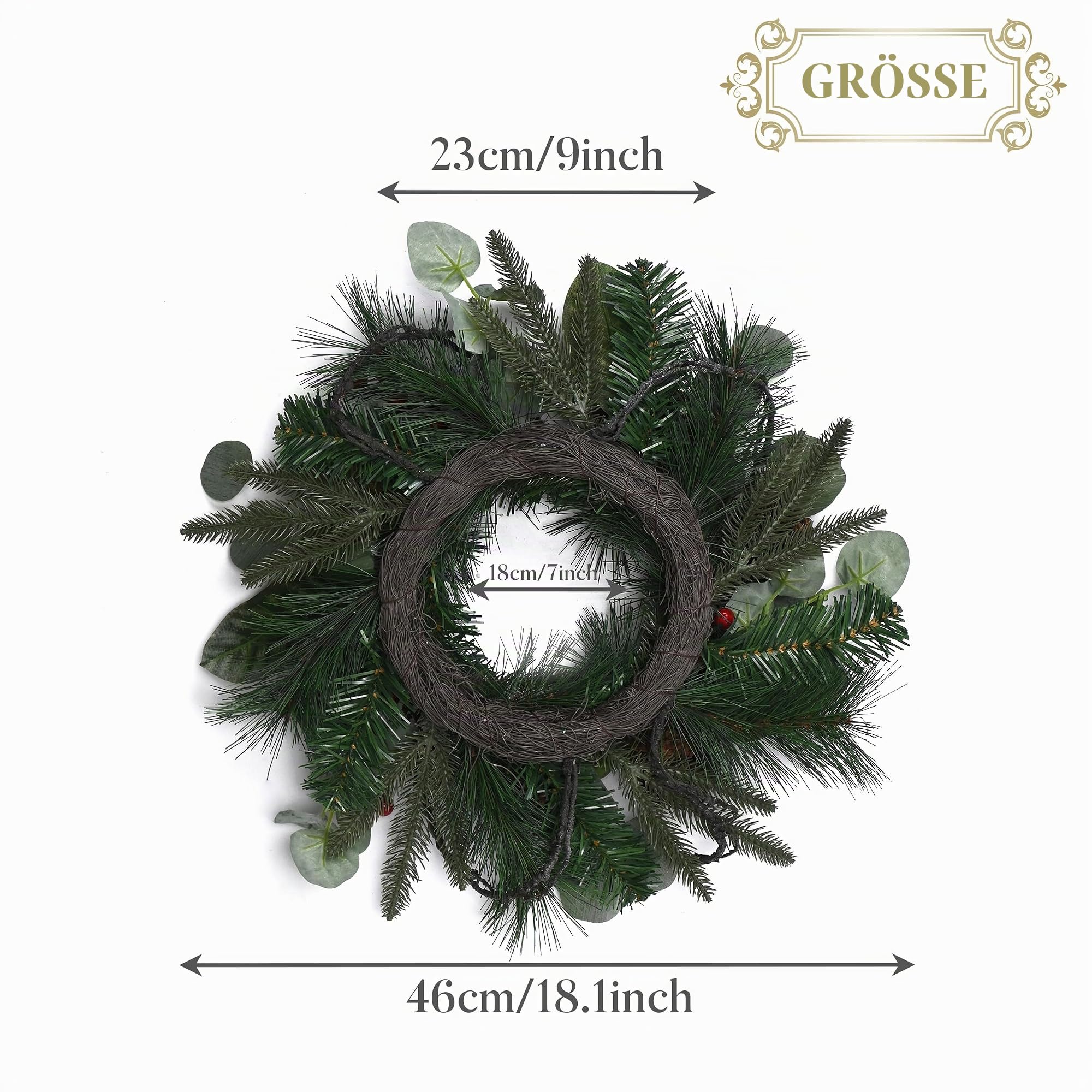 Valery Madelyn 46cm Weihnachtskranz türkranz Weihnachten, haustür weihnachtskranz Rot Grün weihnachtstürkranz mit Beleuchtung Lichtern und Tannenzapfen, Beeren für die Weihnachtsdeko