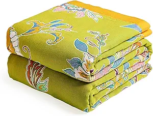 Boho Throw Blanket, 100% Organic Cotton Breathable Ultra Soft Bed Quilt Throw - All Season Luxury Floral Farmhouse Decor Blanket for Sofa Couch Chair and Gift. 91" x 98"-Green/Blue