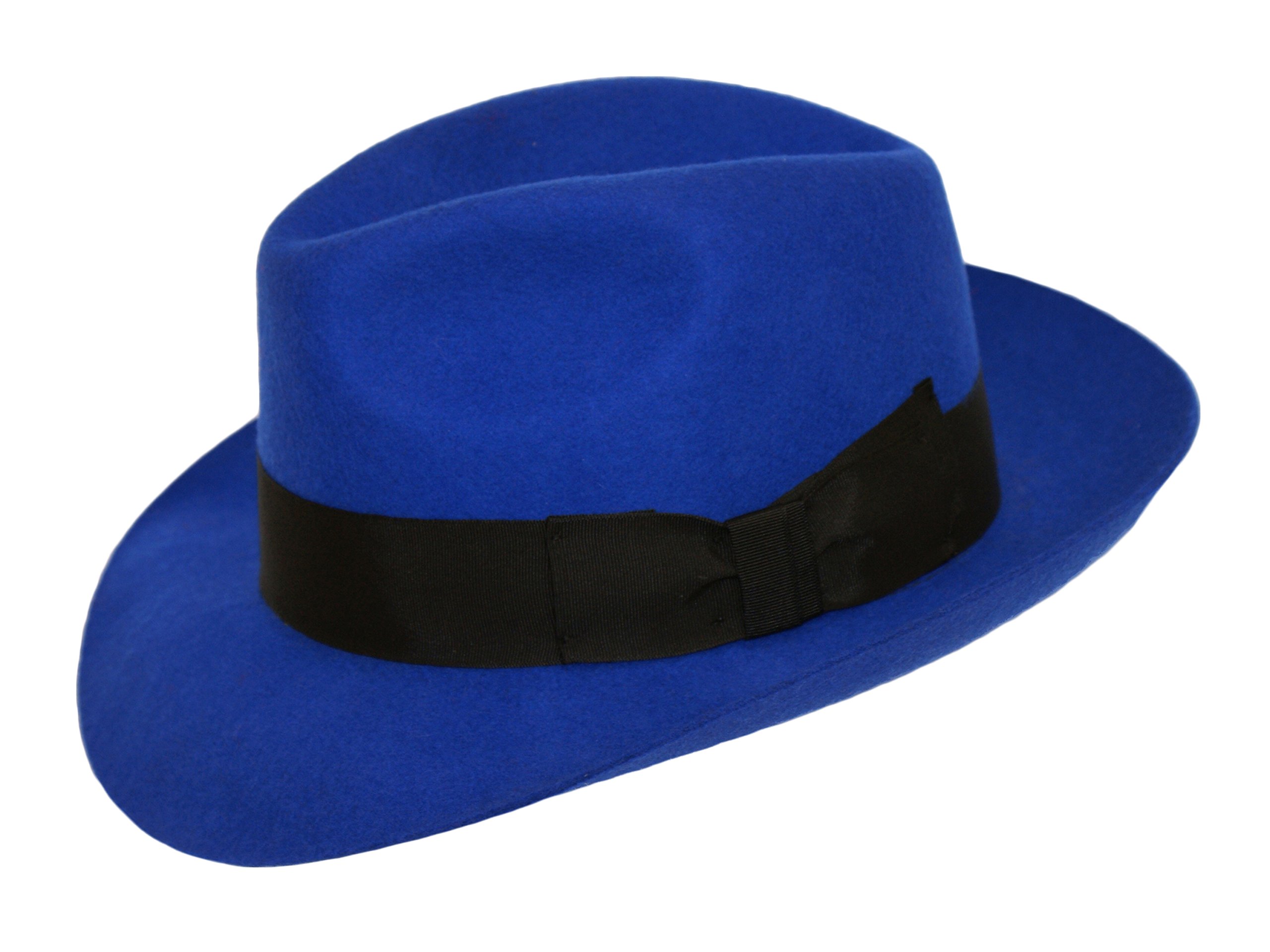 Dh Men's Blue Hand Made Gents Fedora Felt Trilby Hat With Wider Brim 100% Wool New