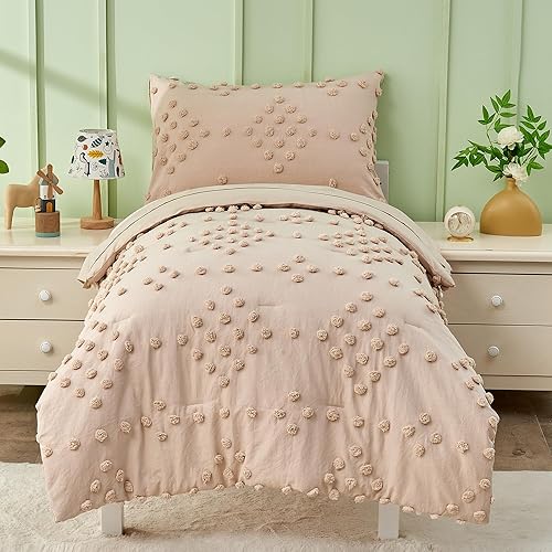 Miniatura 2 de Juego de ropa de cama bohemio de 4 piezas para niñas y niños, color beige, con pompones, juego de sábanas para cuna, juego de edredón de jacquard