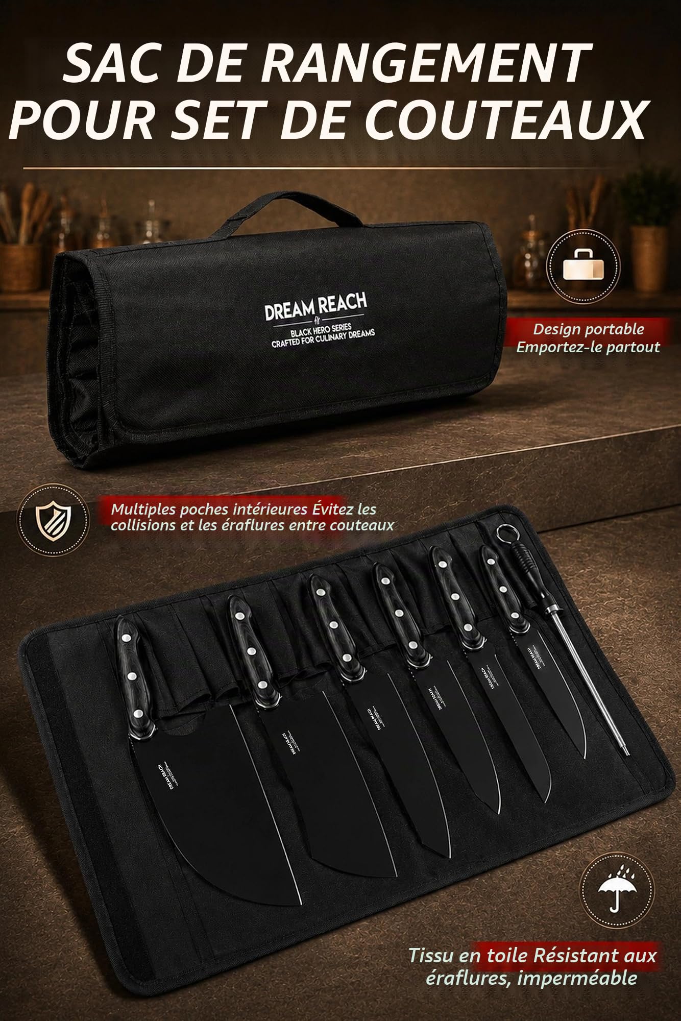 Dream Reach Ensemble de Couteaux de Cuisine 6 Pièces avec Housse et Aiguiseur pour Usage Domestique ou Extérieur