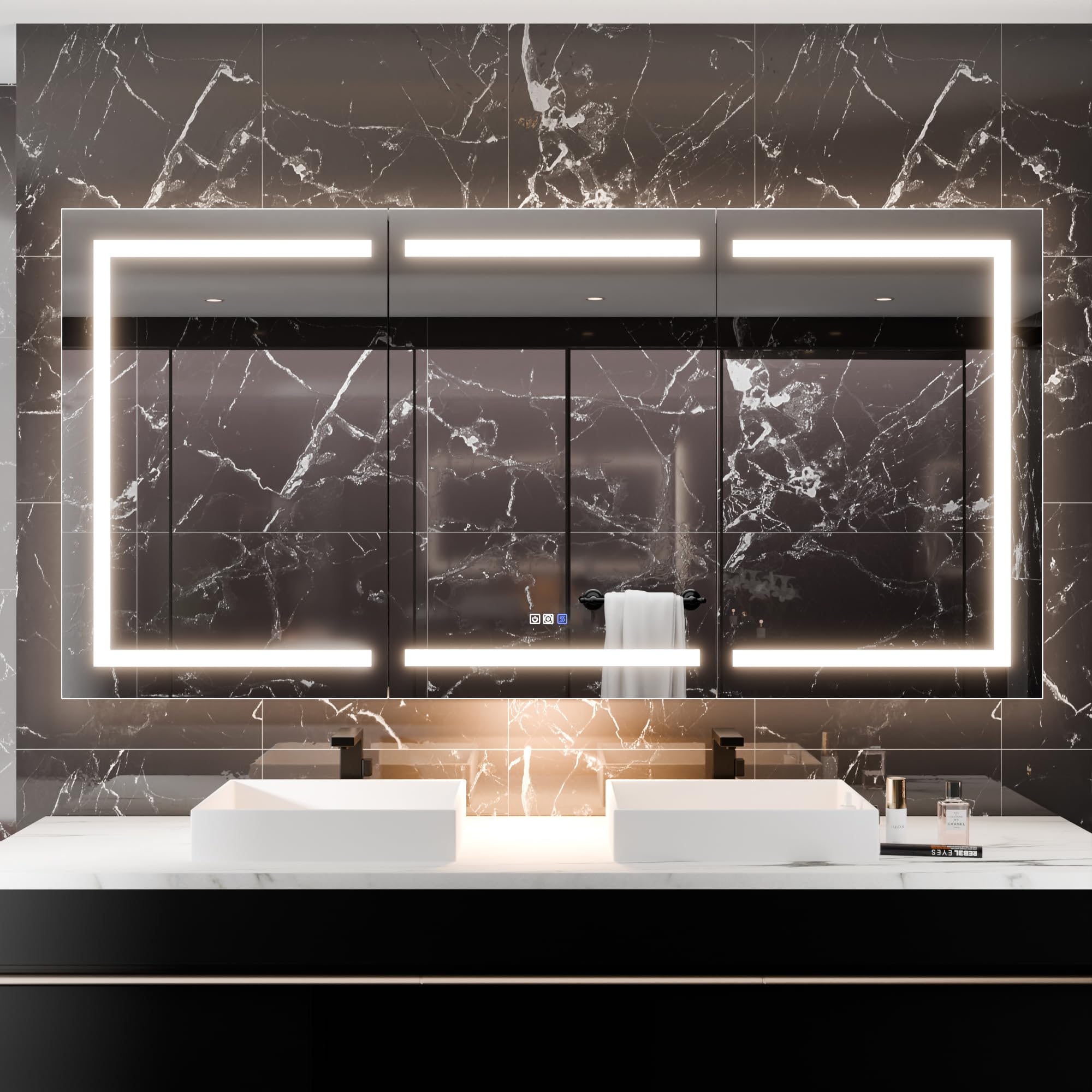 Nobisilsan 72" W Smart LED Medicine Cabinet with GFCI Outlet & Blum Hinges, Built-in 1800W High-Power Outlet, Stepless Dimming & Anti-Fog, 10X