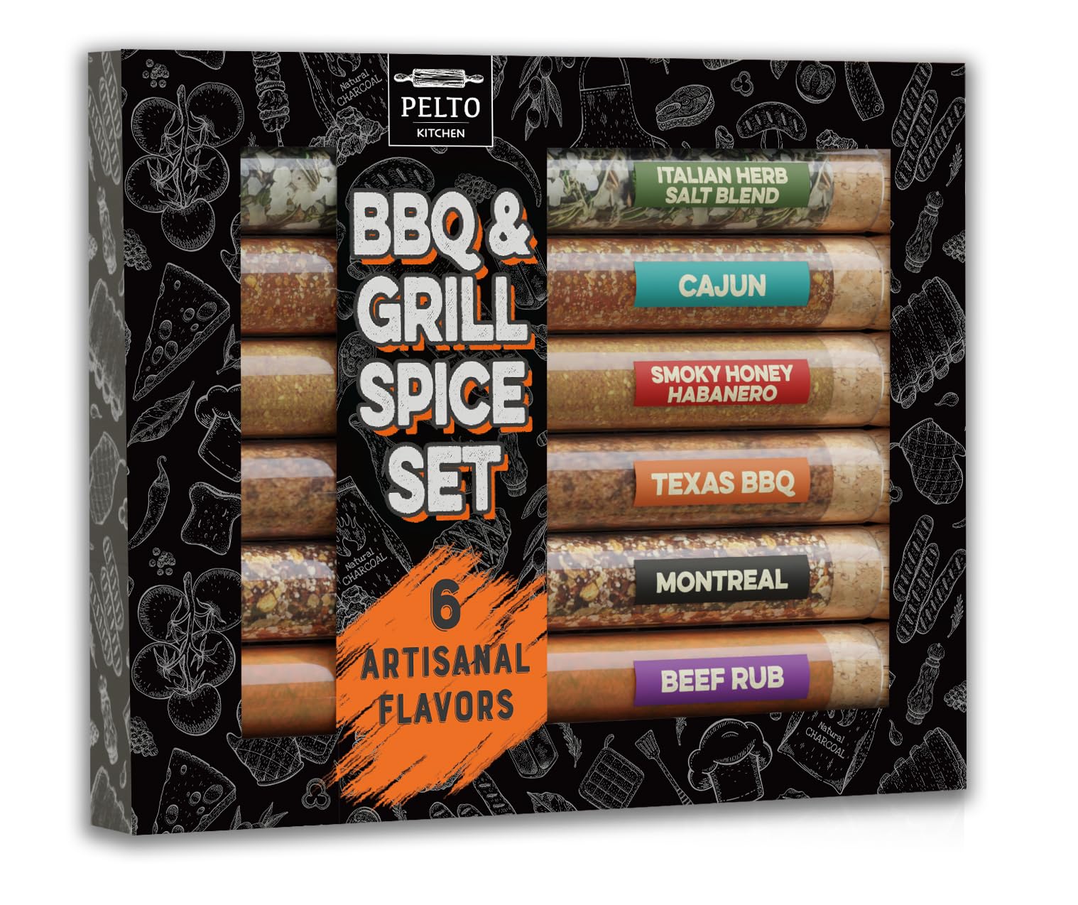 BBQ & Grill Spice Set - 6 Spice Blend Flavors in Tubes in a Gift Box, For Smoking, Seasosonig, Griling, Christmas Stocking Stuffers for Men Who Cook.
