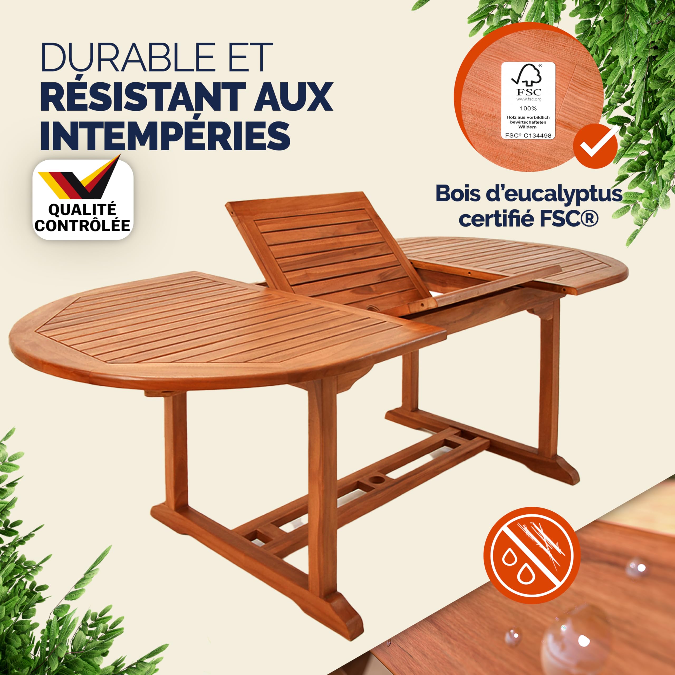 Casaria® Table De Jardin Extensible Type Papillon 150-200 cm - Table De Jardin Exterieur - Salon de Jardin Bois - Eucalyptus FSC® - 200 x 100 x 74 cm - pour 6 à 8 Personnes - Salon de Balcon