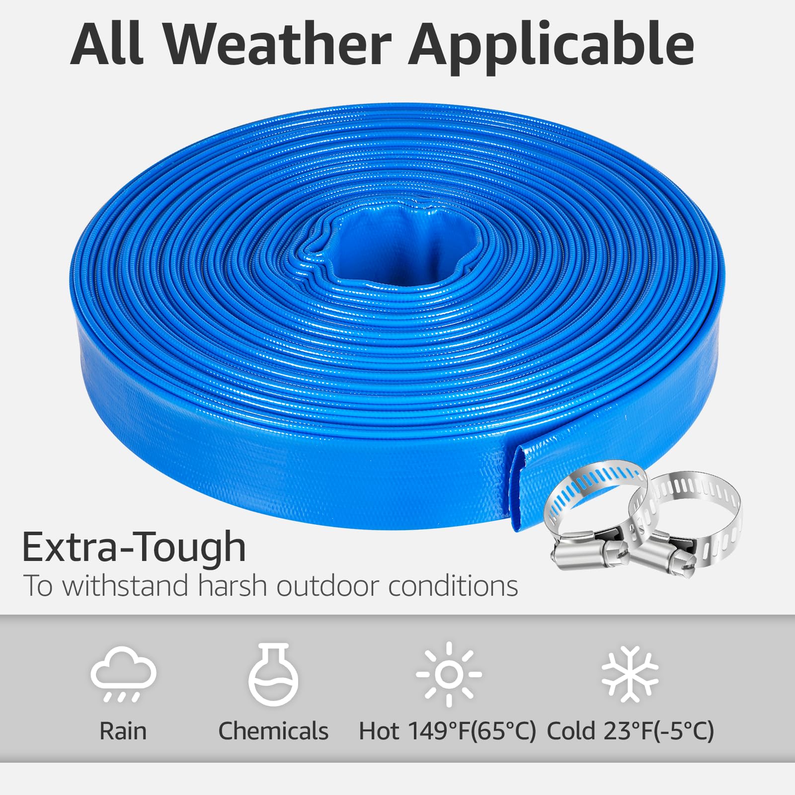 Manguera de retrolavado de piscina de 1.5 pulgadas x 100 pies, manguera de descarga de PVC resistente, manguera de descarga plana con 2 abrazaderas, mangueras de drenaje de piscina para piscinas