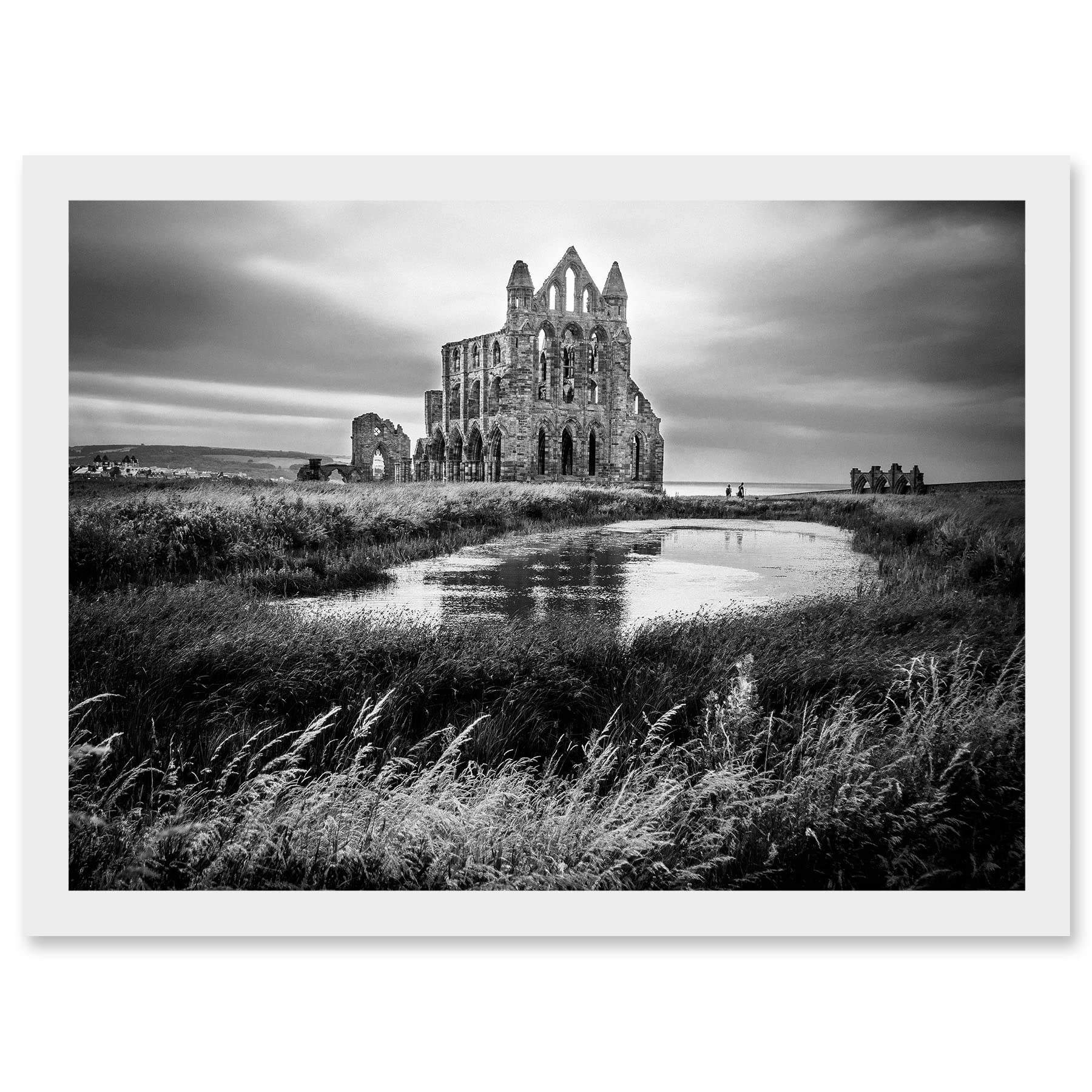 Photo Landscape Whitby Abbey Ruin England UK Black White Artwork Framed Wall Art Print A4