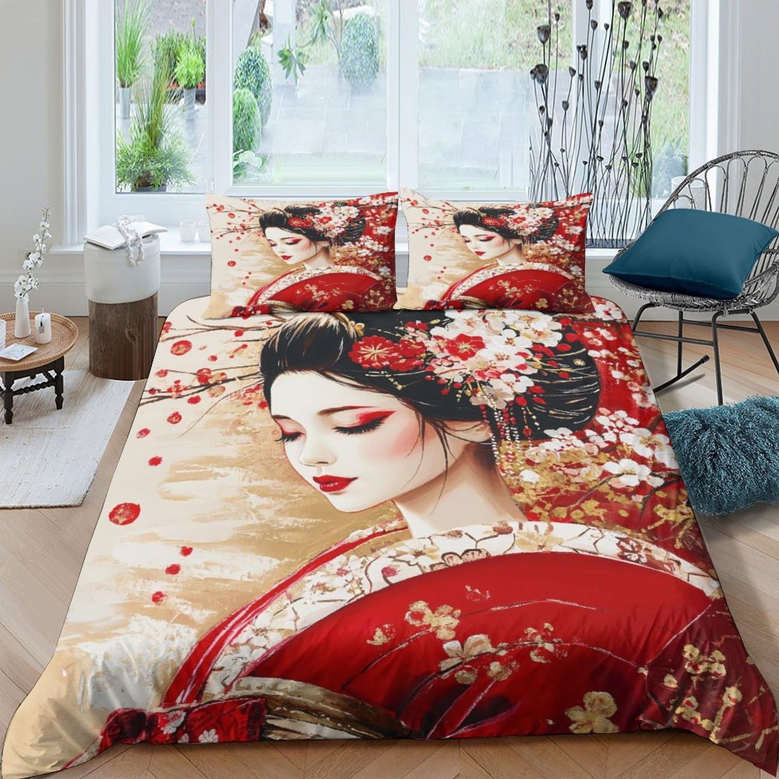 Ctjqhvkz Style-4 3D Printed Geisha Red Kimono Fitted Sheet Microfiber Soft Washable Japanese Art Mattress Cover Bedroom Decor Single（135X200cm）