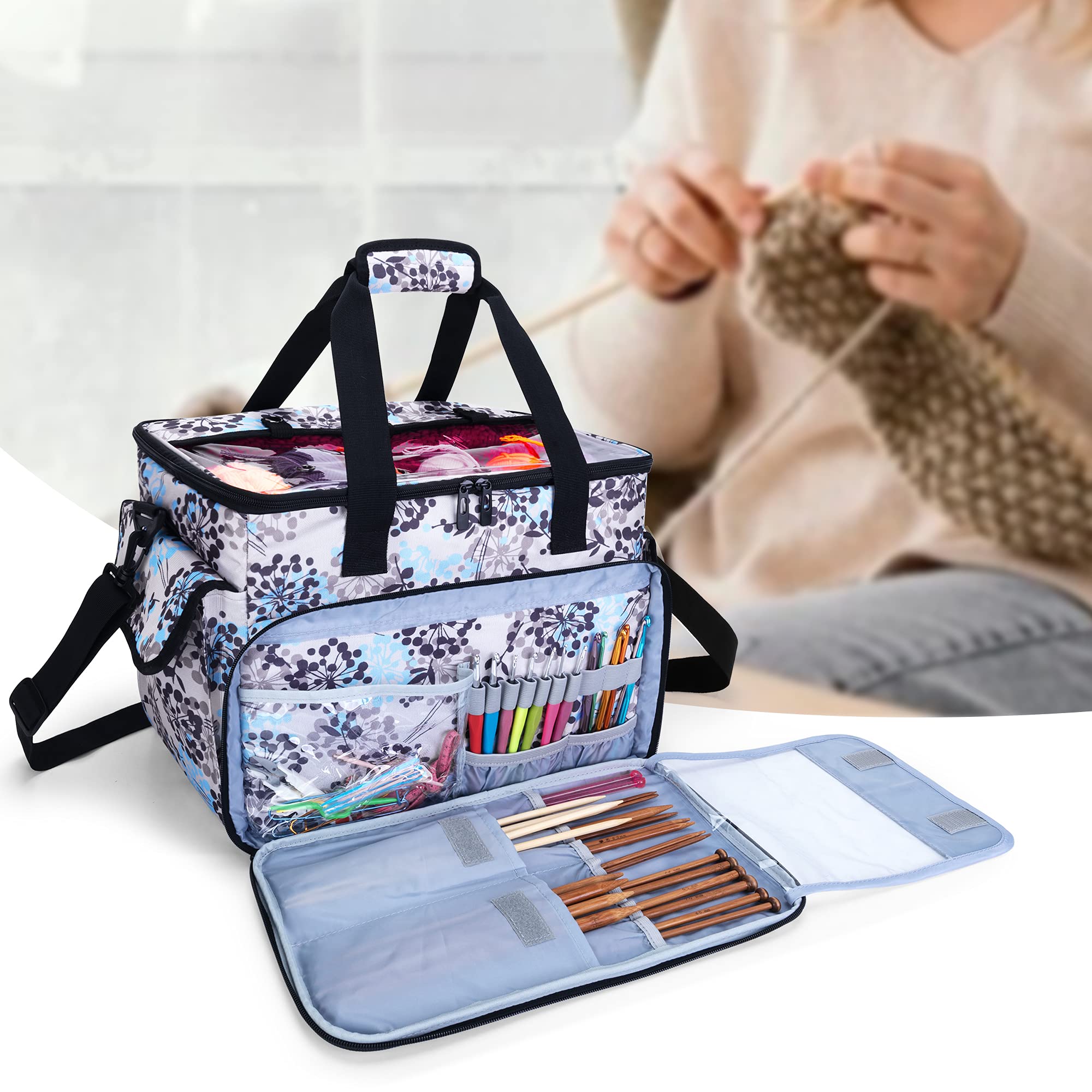 CURMIO Borsa per Lavoro a Maglia con Coperchio Trasparente, Dente di Leone | Organiser per Aghi / Uncinetto/ Ferri, Scomparti Multipli, 4 Occhielli, Tracolla Rimovibile, Senza Accessori Inclusi