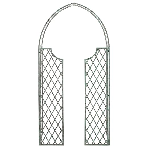 SAFAVIEH Outdoor Patio Furniture Collection – Jaida Antique Dark Green Iron Garden Arbor, Powder-Coated Metal Entryway Arbor with Door, Classic Outdoor Accent for Yard or Garden (PAT5011D)