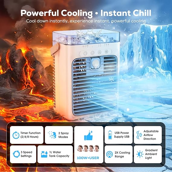 Portable Air Conditioners, Personal Evaporative Air Cooler, 3-Speed Small AC Fan, 8H Auto-off, Mini Air Conditioner, Cooling Fan for Car, Desktop, Camping, Bedroom, Office