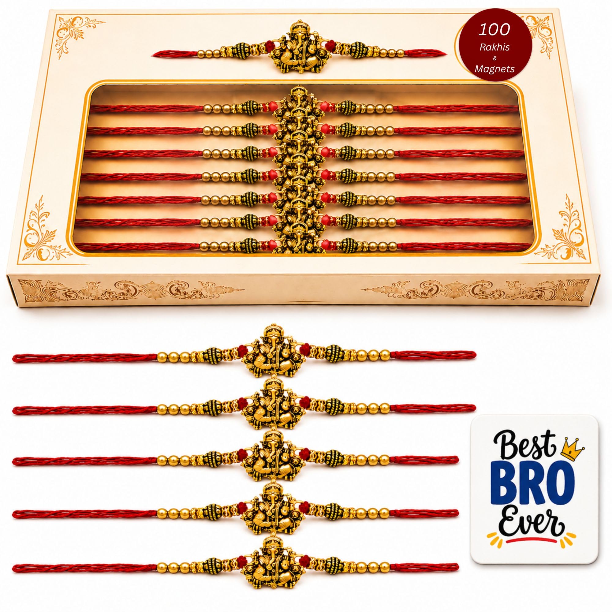 eCraftIndia Pack of 100 Golden Religious Designer Ganesha Rakhi for Brother Bhaiya Bhai | 100 Best Bro Ever Fridge Magnets | Roli Chawal Pack | Raksha Bandhan Rakhi Gift Set