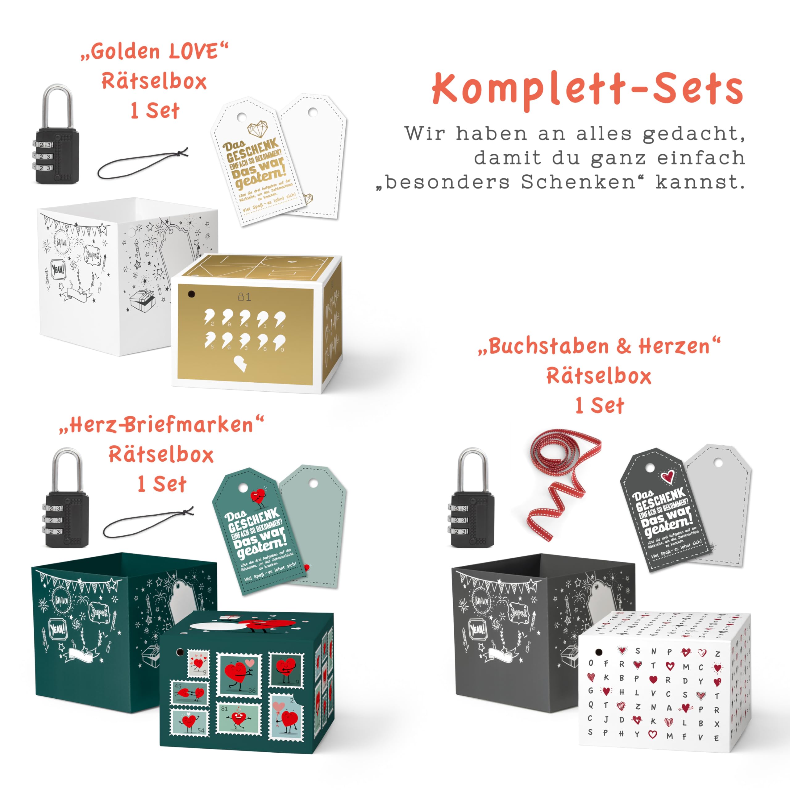 SURPRISA Geschenkboxen Set, 3er Pack Rätselboxen für Geldgeschenke & Gutscheine, Valentinstag, Jahrestag & Hochzeit, Briefmarkenrätsel, Herzrätsel & Liebesrätsel, Größe S (12cm)