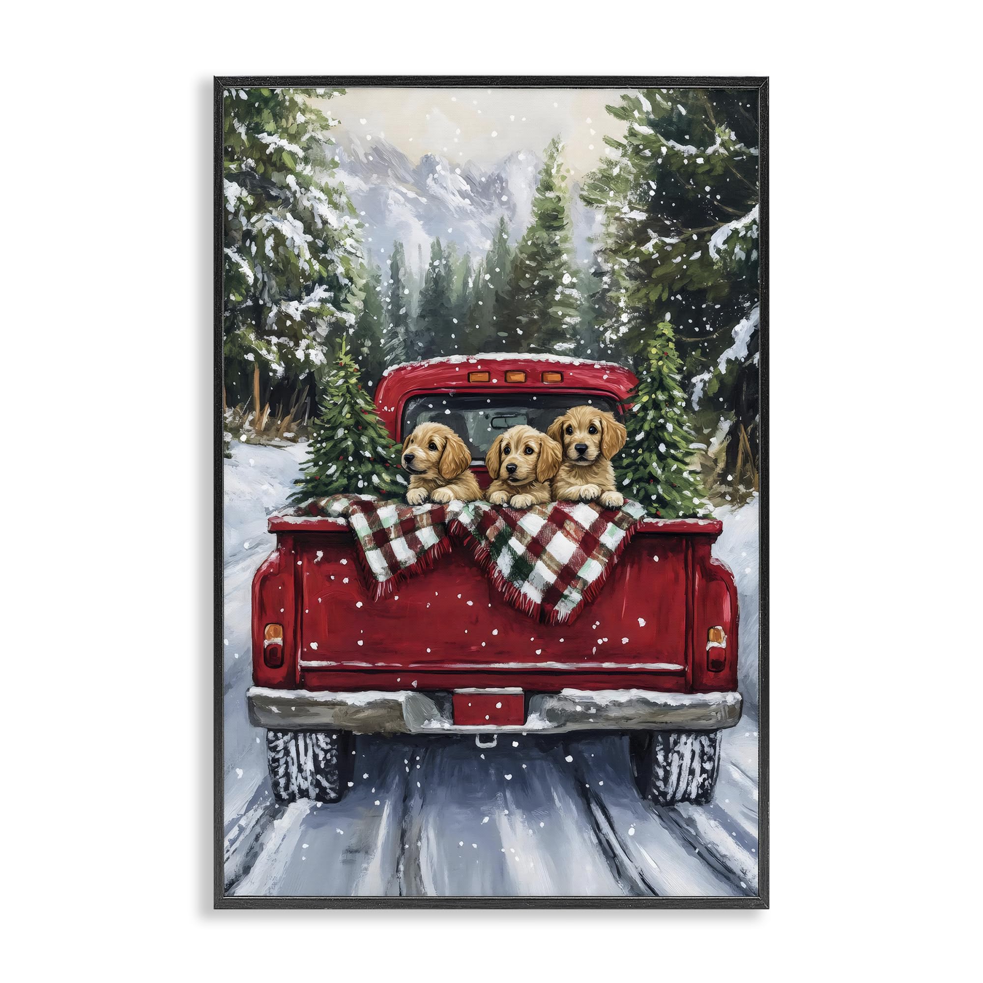 Golden Pups Christmas Truck illustration encadrée Petal Prints Design 30x20 cm