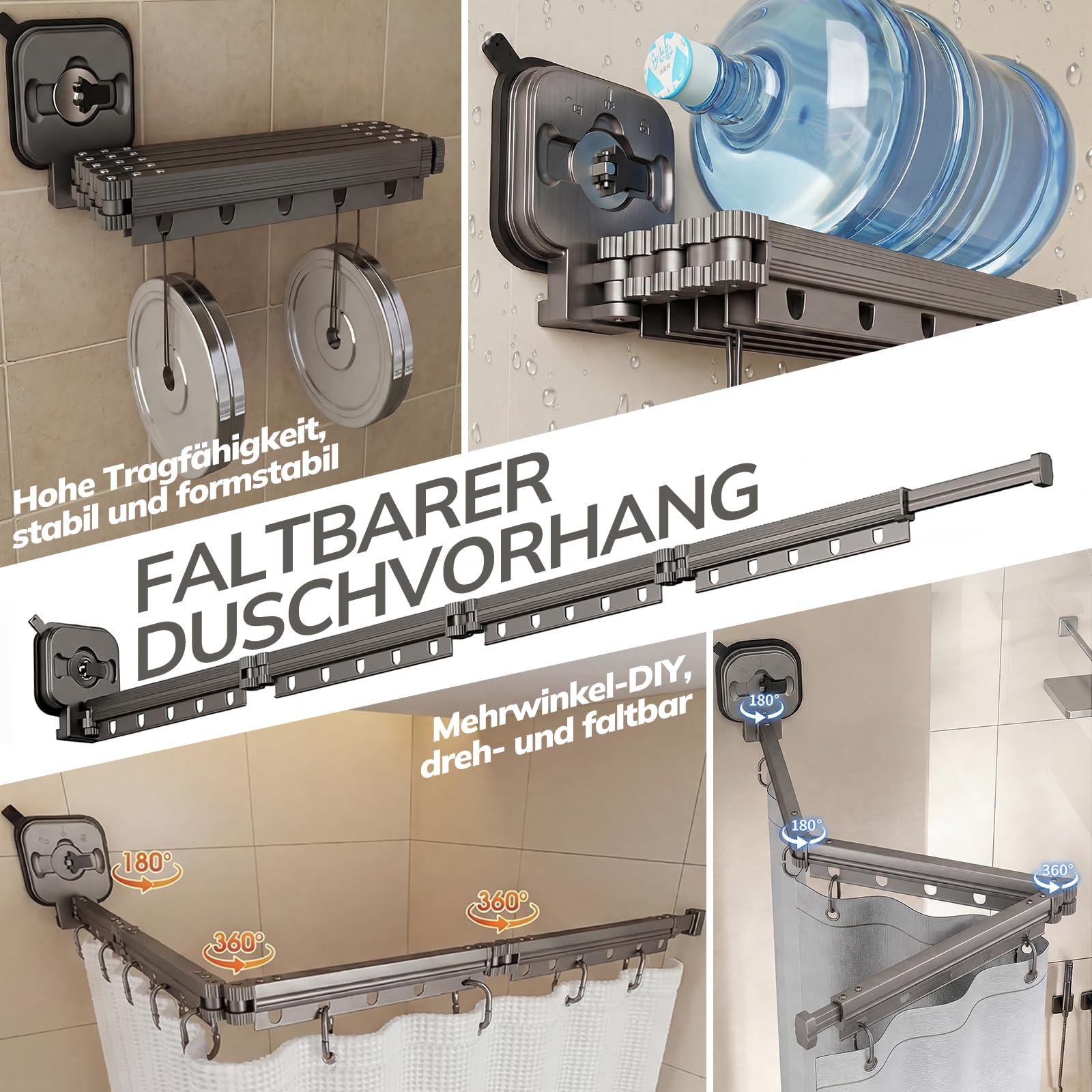Rideau De Douche Sans Perçage, Tringle à Rideau De Douche Pliable Avec Ventouses, Rideau Douche (1,8x2m), Tige d'Angle avec Anneaux, pour Salles de Bain, Baignoire, Vestiaires(noir, 4 Plis)