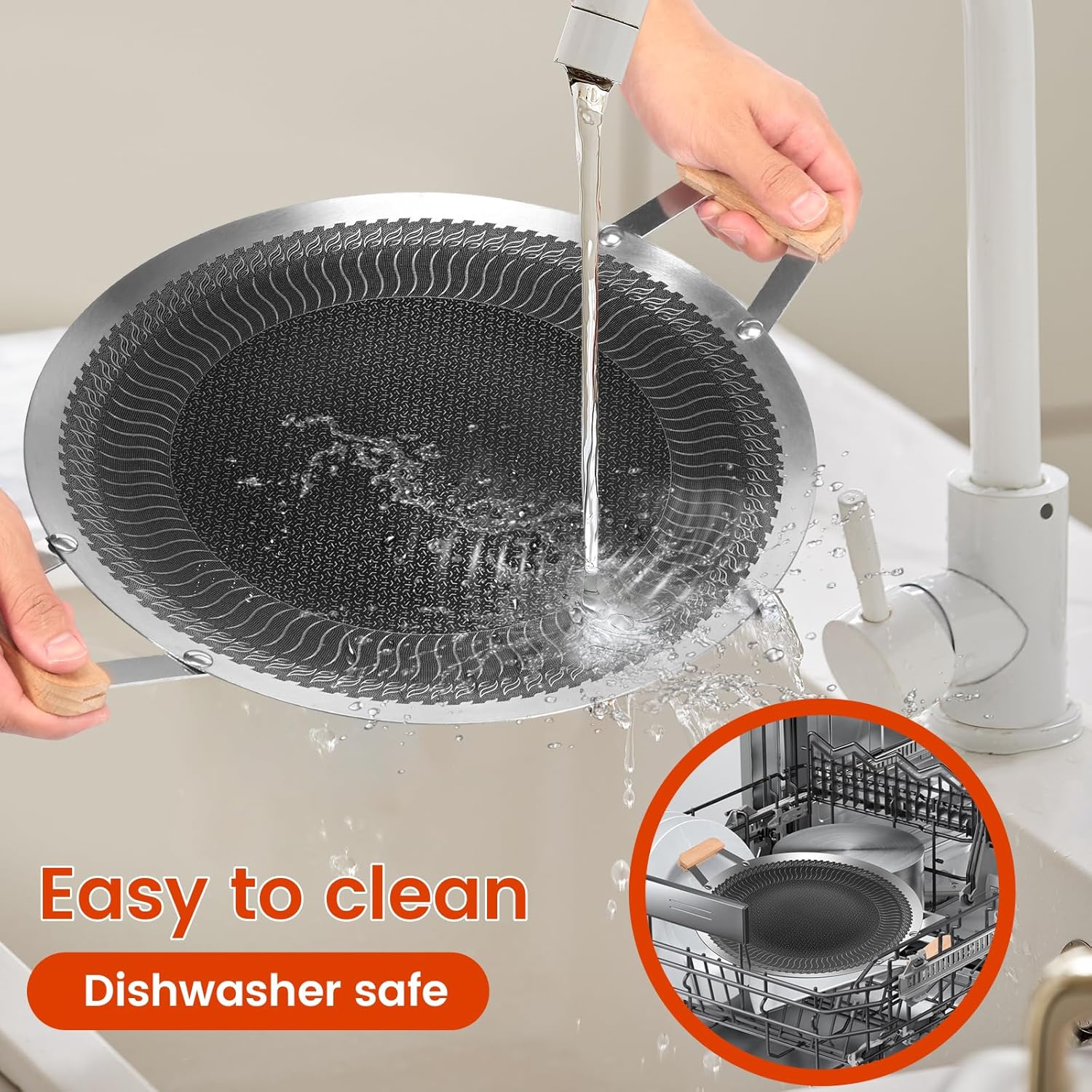 Korean Style BBQ Grill Pan Non Stick Portable Stainless Steel Grill Pan with Handle Versatile Round BBQ Griddle for Outdoor Grilling(13.4inch,Silver black)