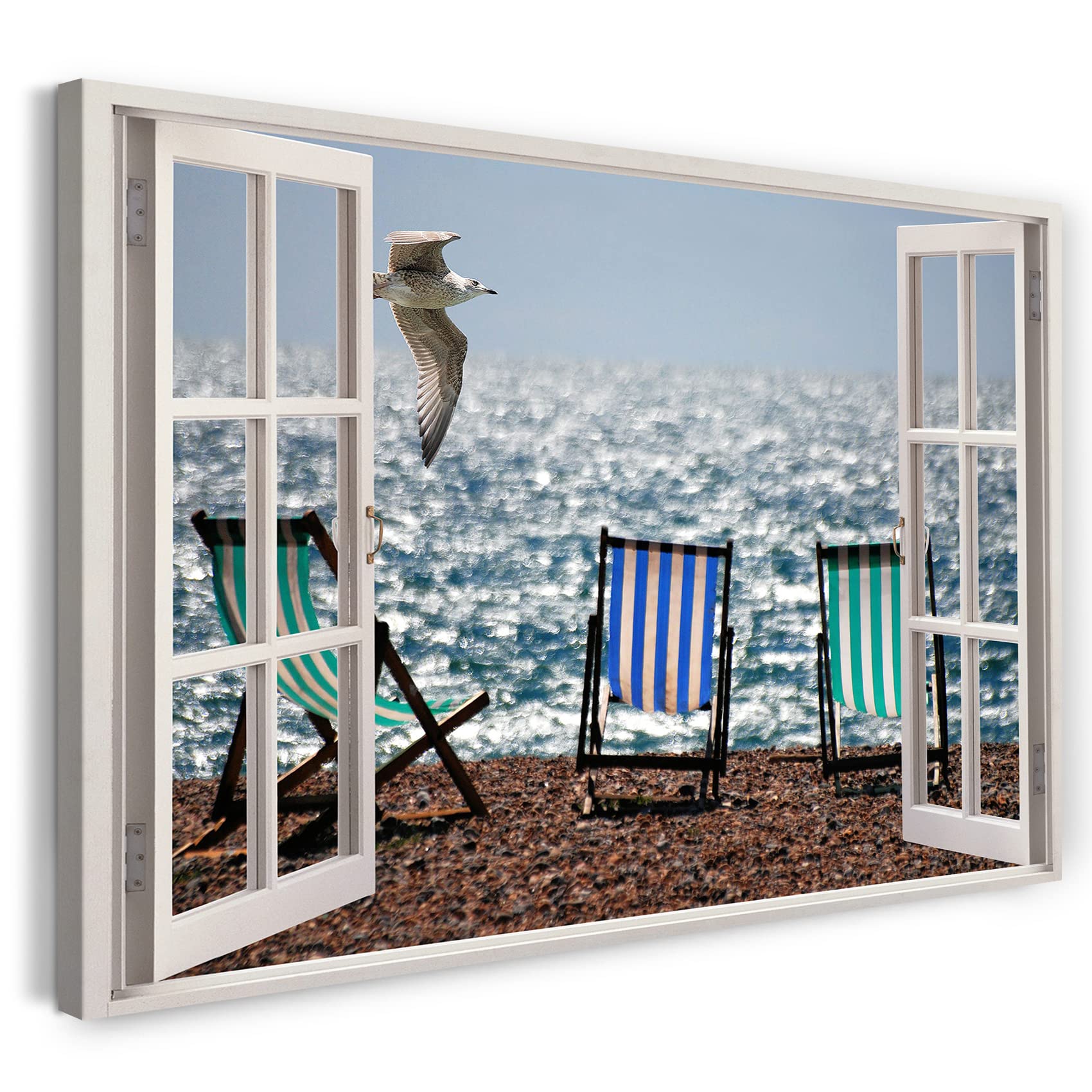 Printistico #02 Print On Canvas (80X60 Cm) View From The Window - Seagull On The Beach Deck Chairs Summer Sea - Nature Photography, Real Wood Frame With Hook